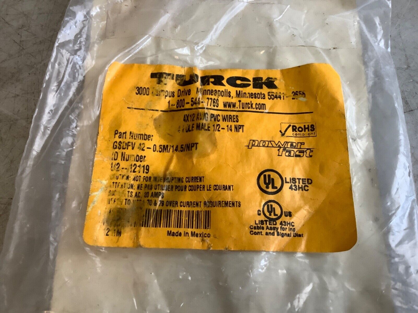 TURCK GSDFV 42-0.5M/14.5/NPT PLUG RECEPTACLE 4 POLE 4X12 AWG 1/2-14 NPT 222