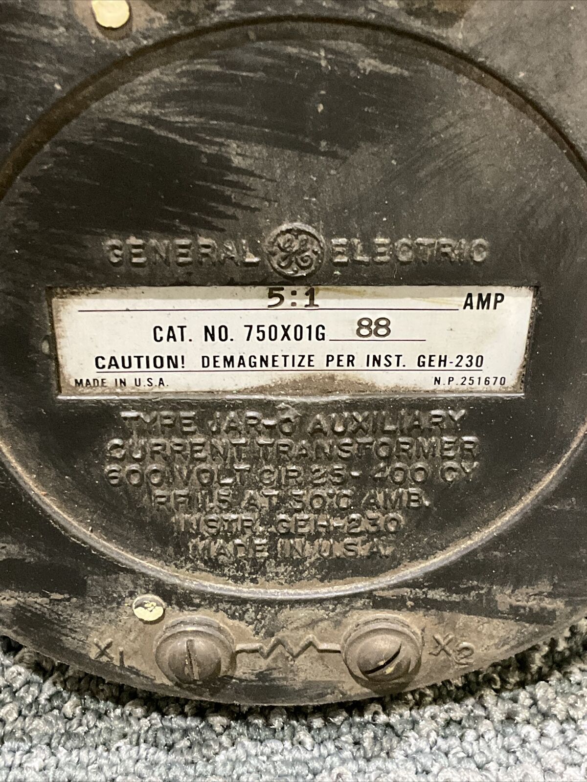 GE GENERAL ELECTRIC 750X01G 88 JAR-O AUXILIARY CURRENT TRANSFORMER 222