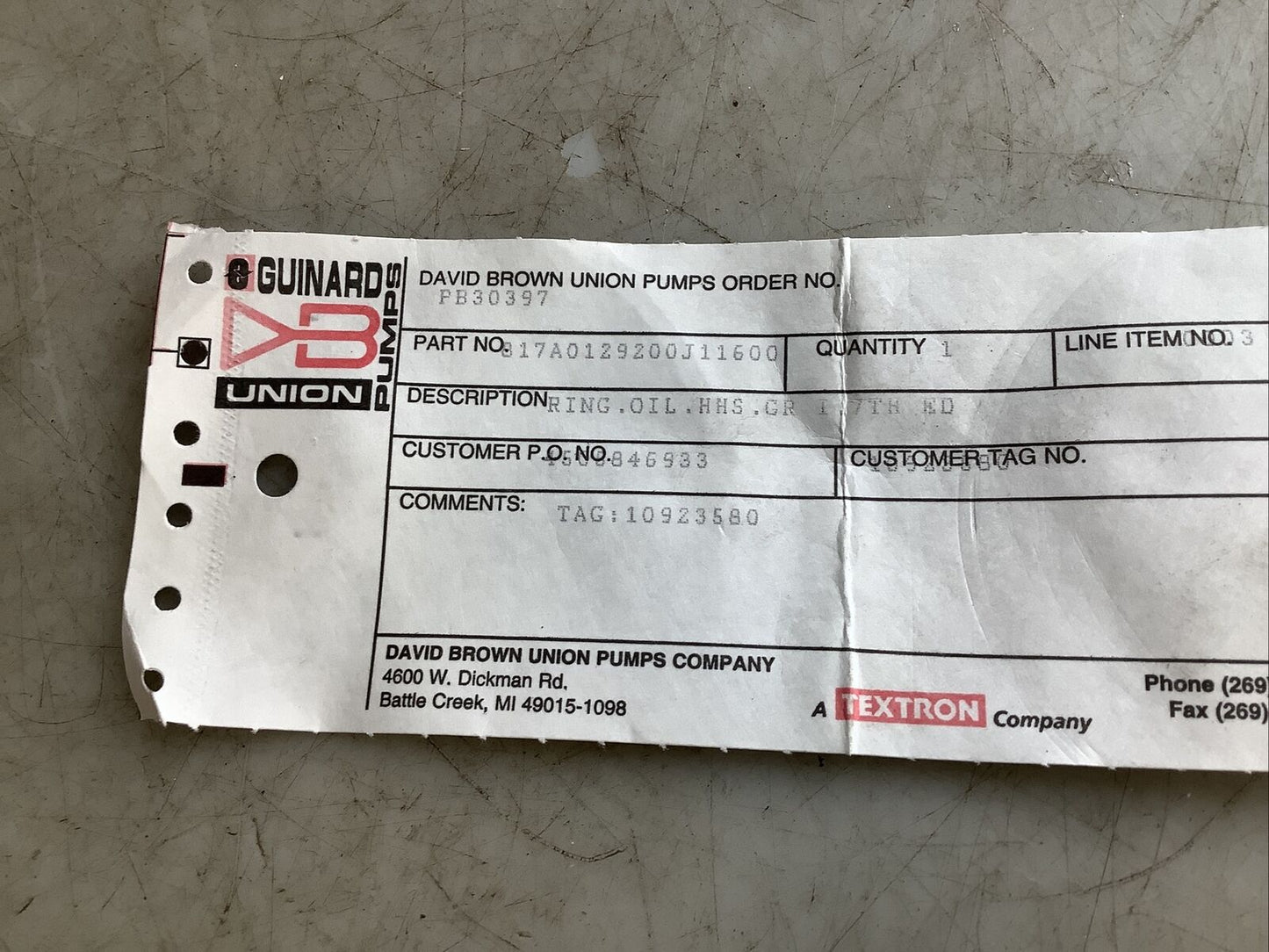 DAVID BROWN UNION PUMPS 817A0129200J11600 OIL RING 678