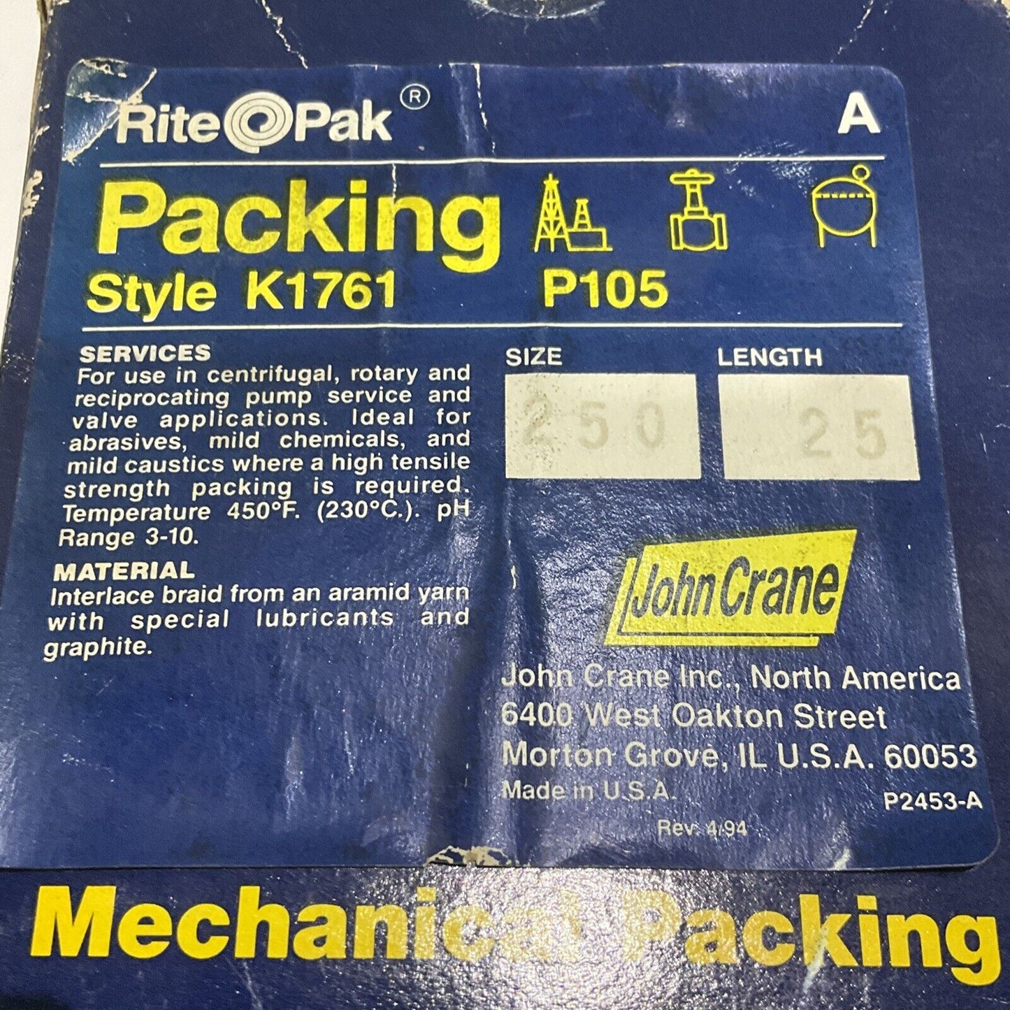 RITE-PAK K1761 P105 MECHNICAL PACKING SIZE .250 LENGTH 25' 678