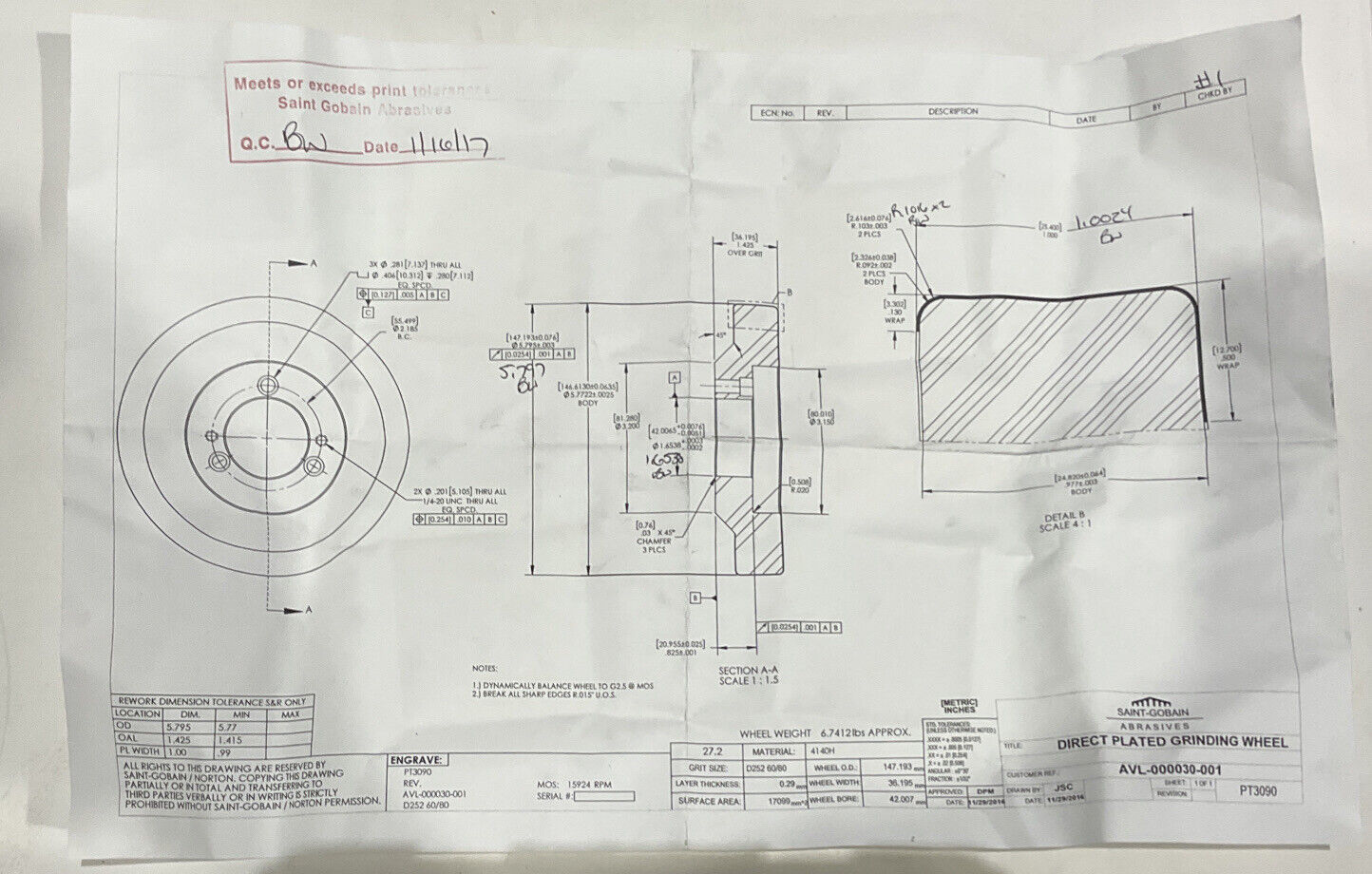 NORTON PT3090 5.795" DIA X 1.653 BORE D252 60/80 GRIT DIAMOND GRINDING WHEEL
