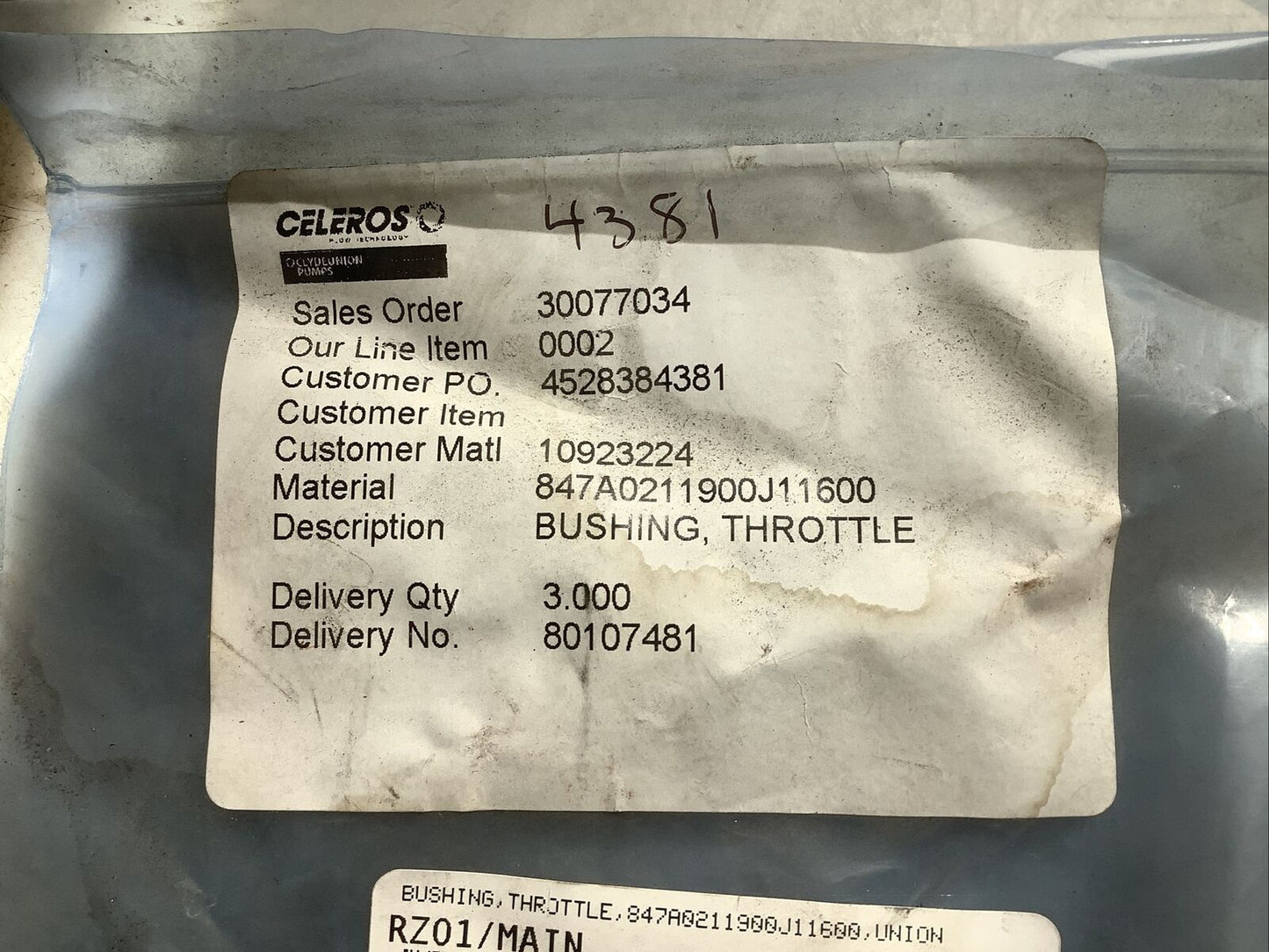CELEROS 847A0211900J11600 THROTTLE BUSHING 678 - QTY 3