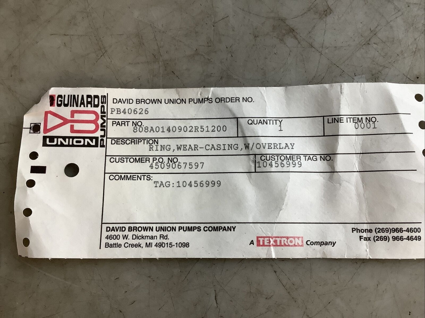 DAVID BROWN UNION PUMPS PB40626 808A0140902R51200 CASING WEAR RING 678