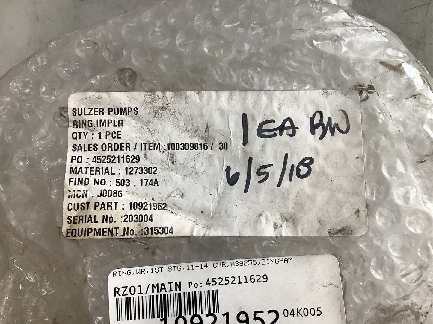SULZER PUMPS 10921952 IMPELLER RING 1273302 A14073A 678