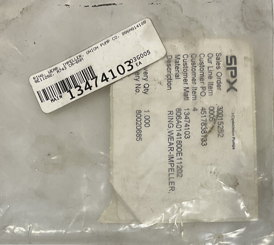 SPX UNION PUMP CO 806A014180 IMPELLER WEAR RING 0E11202 A743 CA-6NM 678