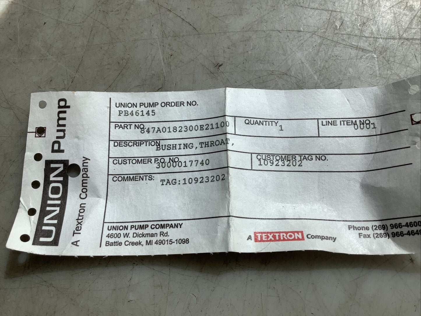UNION PUMP 847A0182300E21100 THROAT BUSHING 678