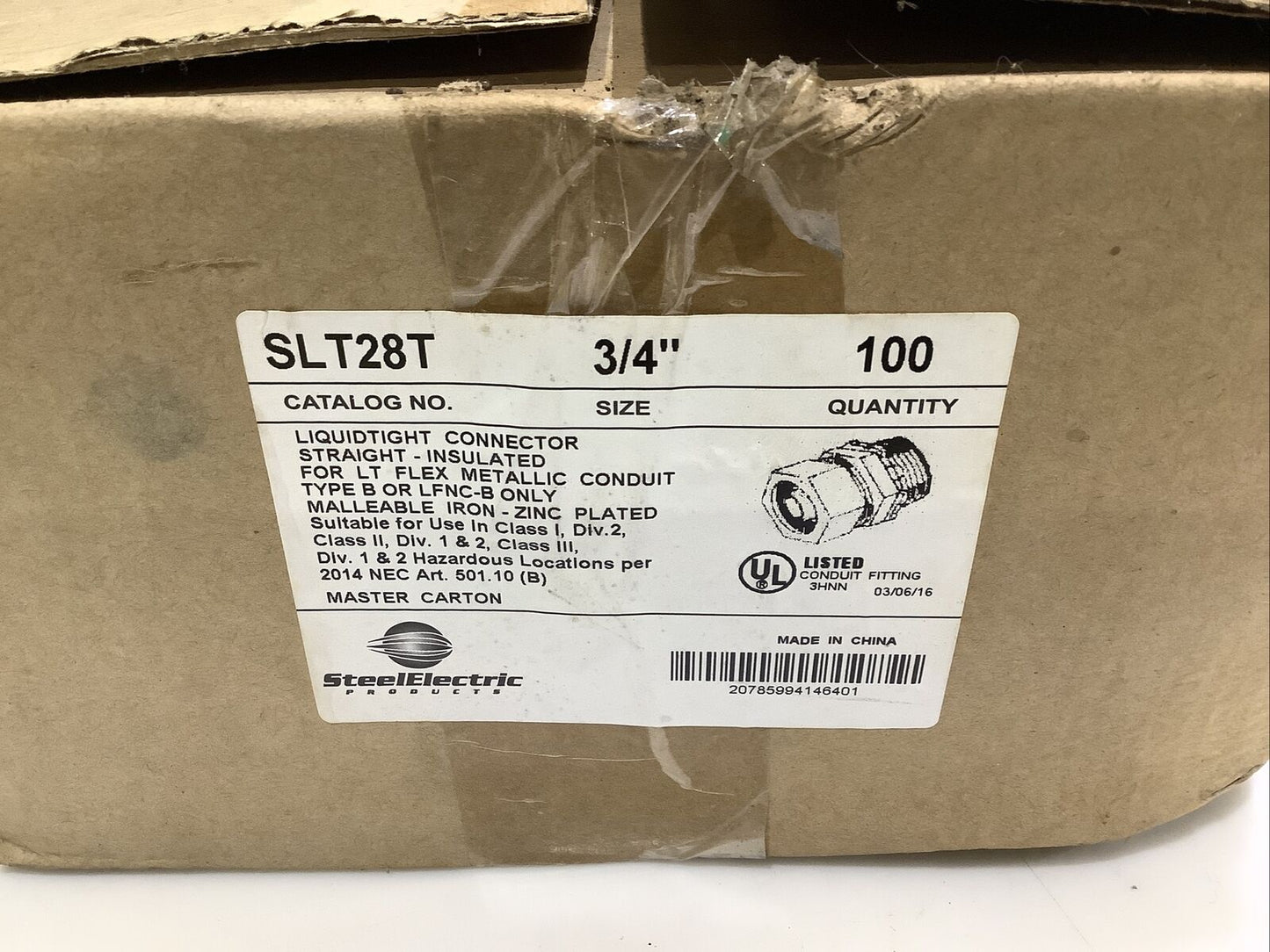 STEEL ELECTRIC SLT28T LIQUIDTIGHT CONNECTOR INSULATED 3/4IN - QTY 100 ECH BOX