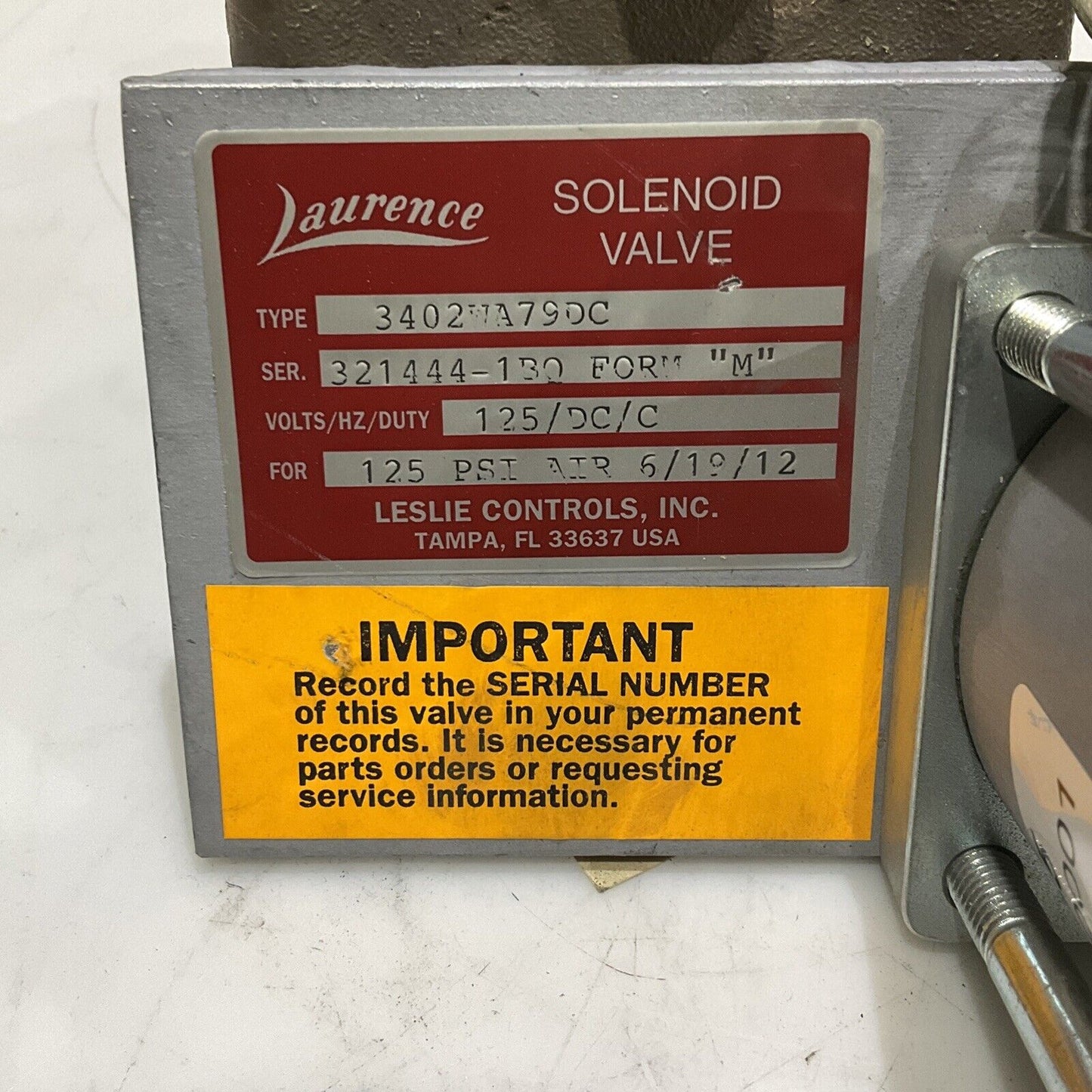 LAURENCE 3402WA79DC SOLENOID VALVE 125 DC FORM “M” 125 PSI AIR 476