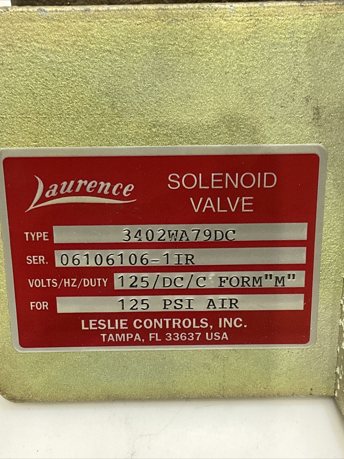 LAURENCE 3402WA79DC SOLENOID VALVE 125 DC FORM “M” 125 PSI AIR 476