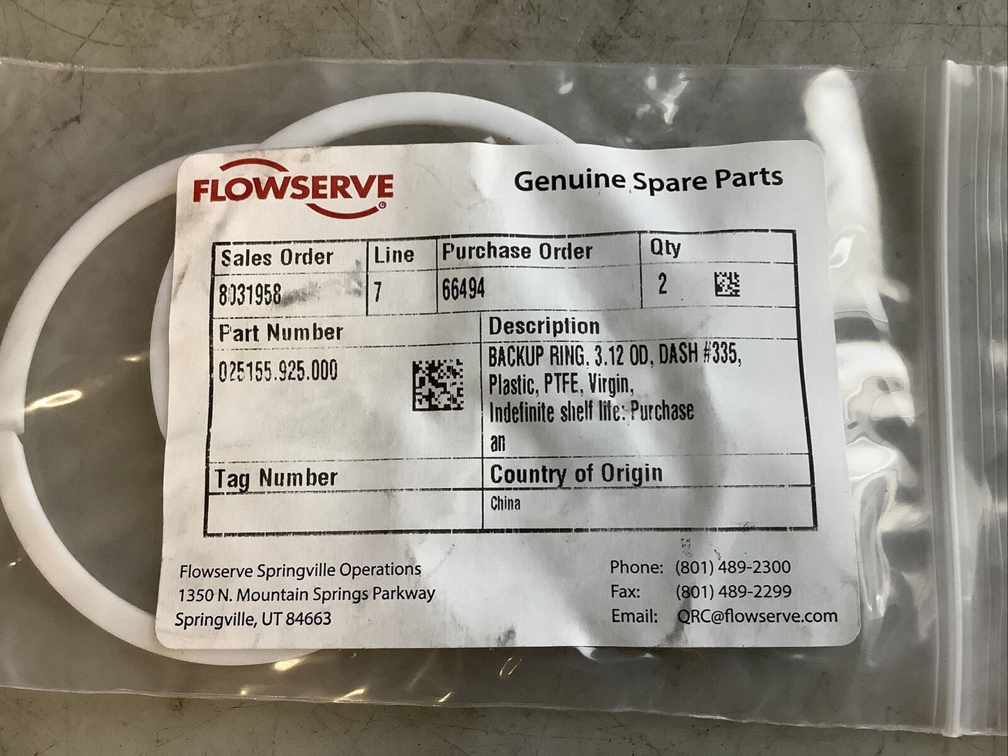 FLOWSERVE 025155.925.000 BACKUP RING 3.12IN OD DASH 335 PLASTIC PTFE 476 - QTY 2