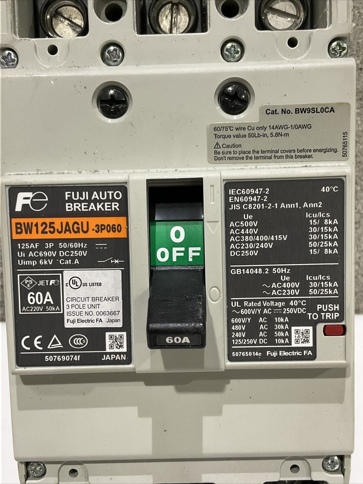 FUJI ELECTRIC BW125JAGU-3P060 BREAKER, BW9V0CA HANDLE, SCE12EL1206SSLP PANEL CDM