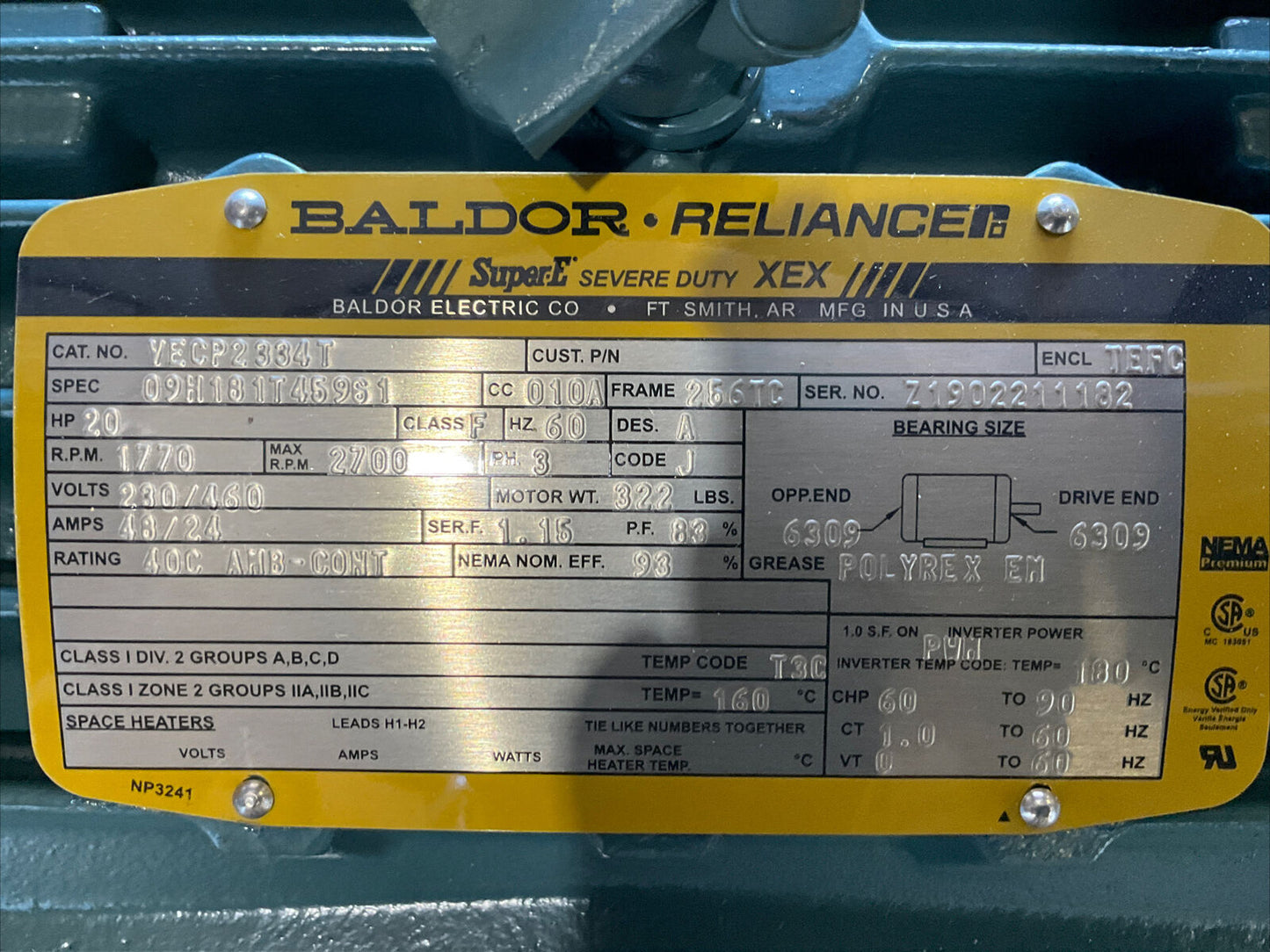 BALDOR RELIANCE VECP2334T SUPER-E MOTOR 60HZ 3PH 20HP 230/460V 1770RPM 373