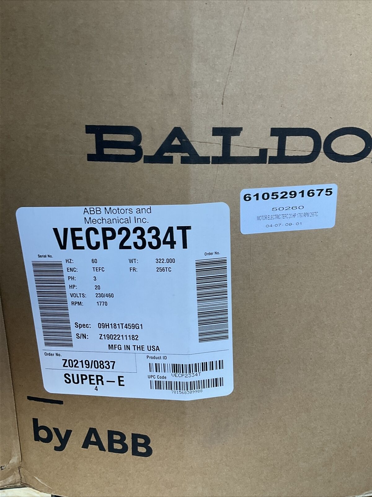 BALDOR RELIANCE VECP2334T SUPER-E MOTOR 60HZ 3PH 20HP 230/460V 1770RPM 373