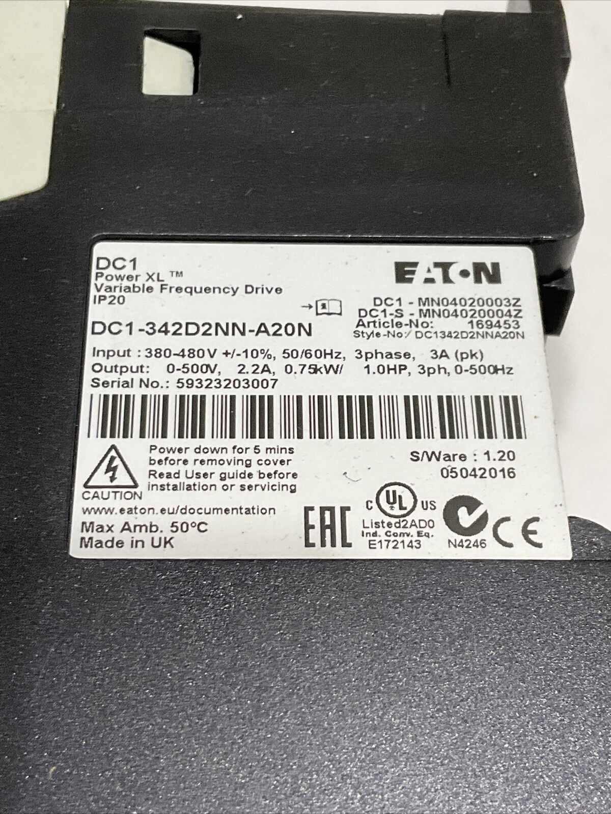 EATON 1HP DC1-342D2NN-A20N POWER XL VARIABLE FREQUENCY DRIVE IP20 CDM
