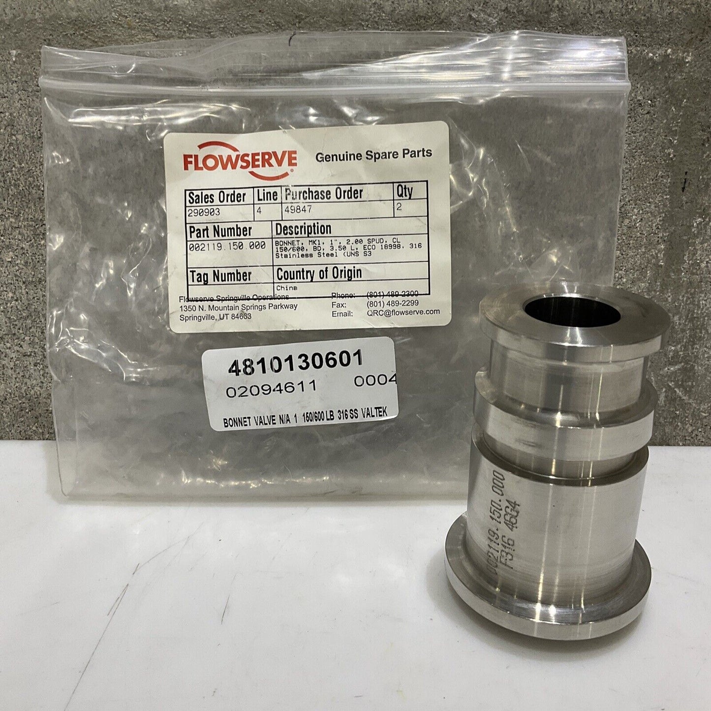 FLOWSERVE 002119-150-000 BONNET VALVE 1” 2 STUD CL 150/600 3.50 L 316 SS 373