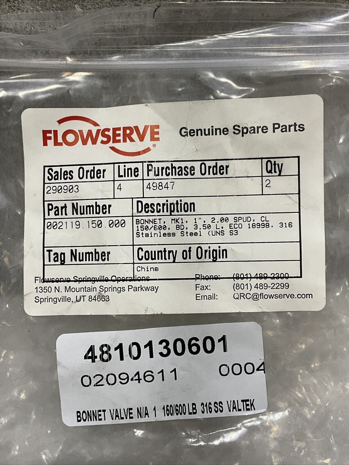 FLOWSERVE 002119-150-000 BONNET VALVE 1” 2 STUD CL 150/600 3.50 L 316 SS 373