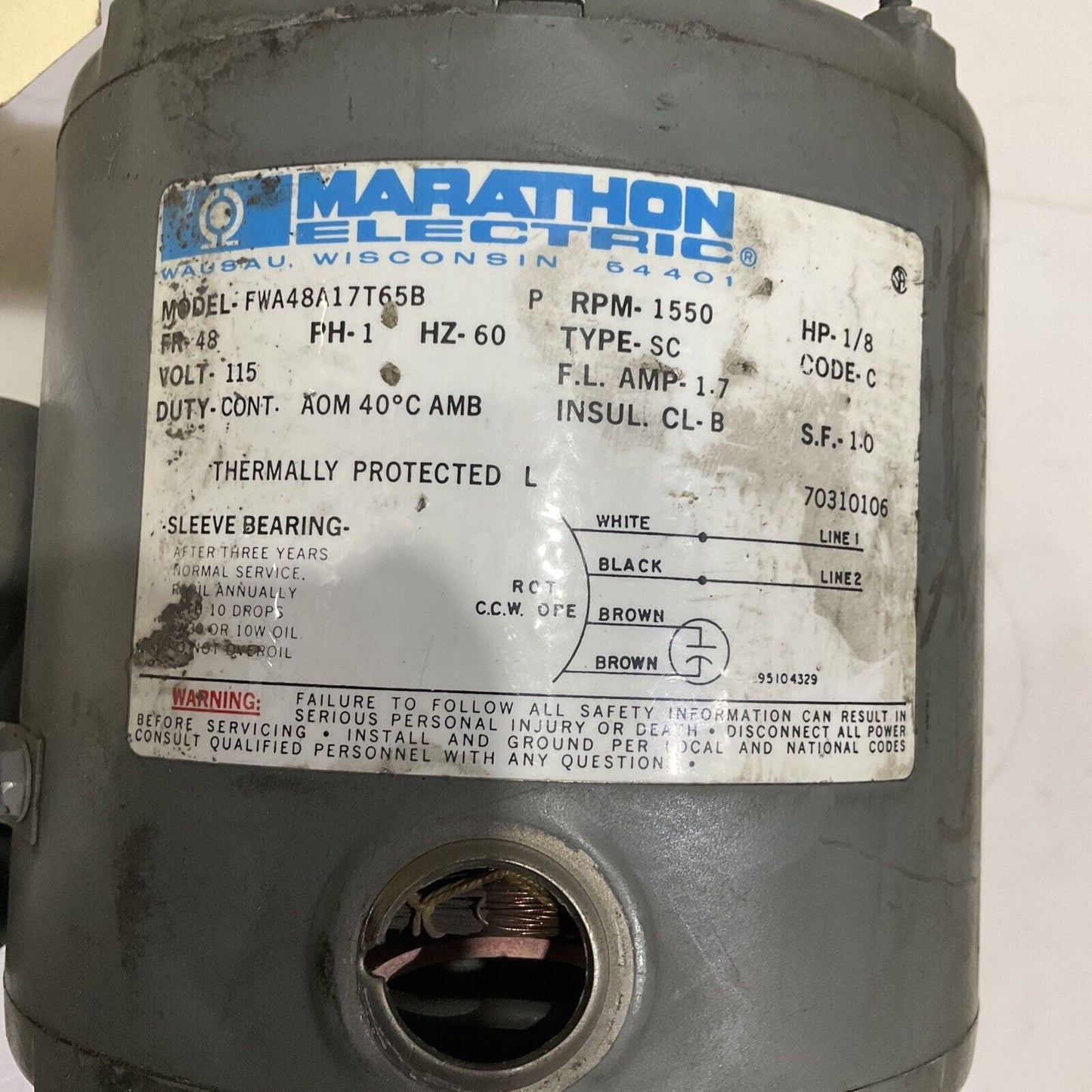 MARATHON ELECTRIC FWA48A17T65B MOTOR 1 PH 60 HZ 1550 RPM 115 VOLT 1/8 HP 373