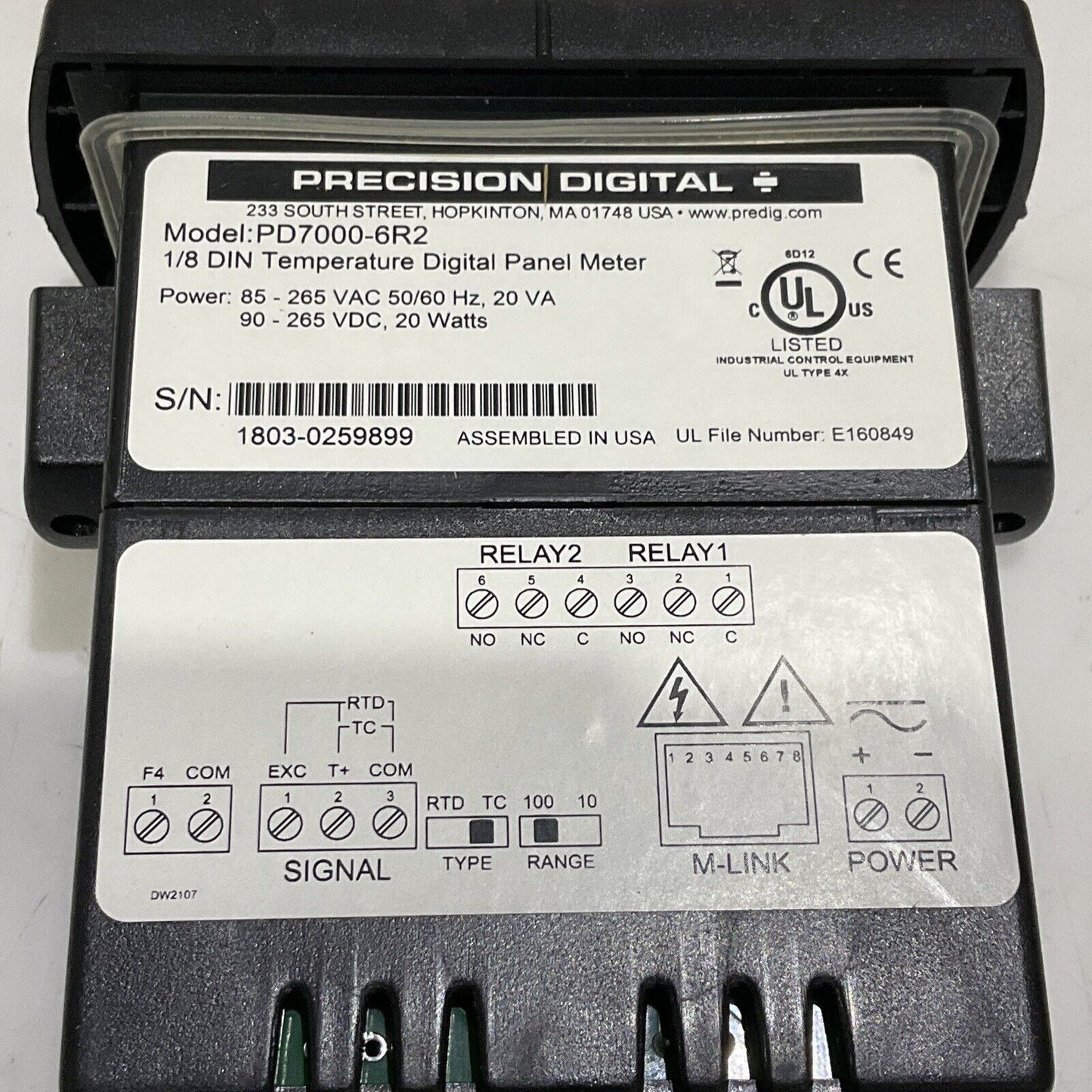 PRECISION DIGITAL PD7000-6R2 TEMPERATURE DIGITAL PANEL METER 85-265 VAC 373