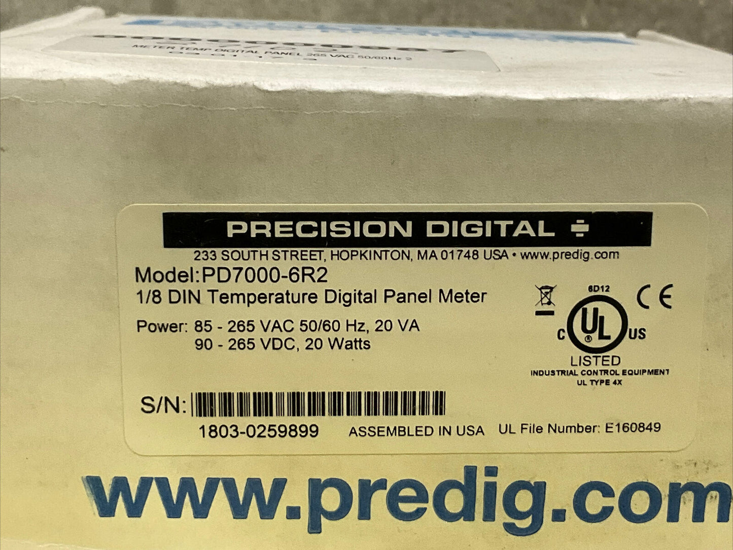 PRECISION DIGITAL PD7000-6R2 TEMPERATURE DIGITAL PANEL METER 85-265 VAC 373