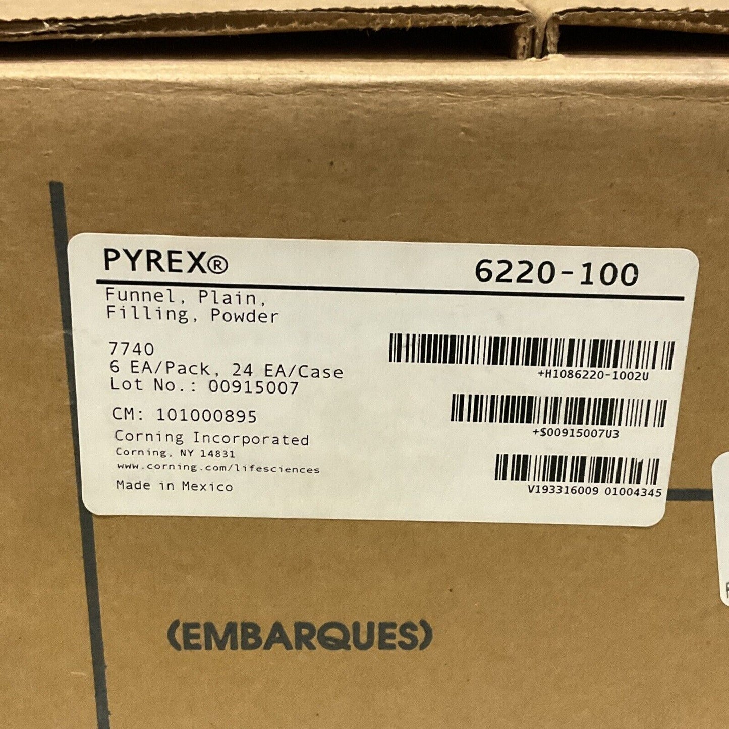 PYREX CORNING 6220-100 7740 PLAIN FILLING POWDER FUNNEL 100 MM LOT OF 6 373