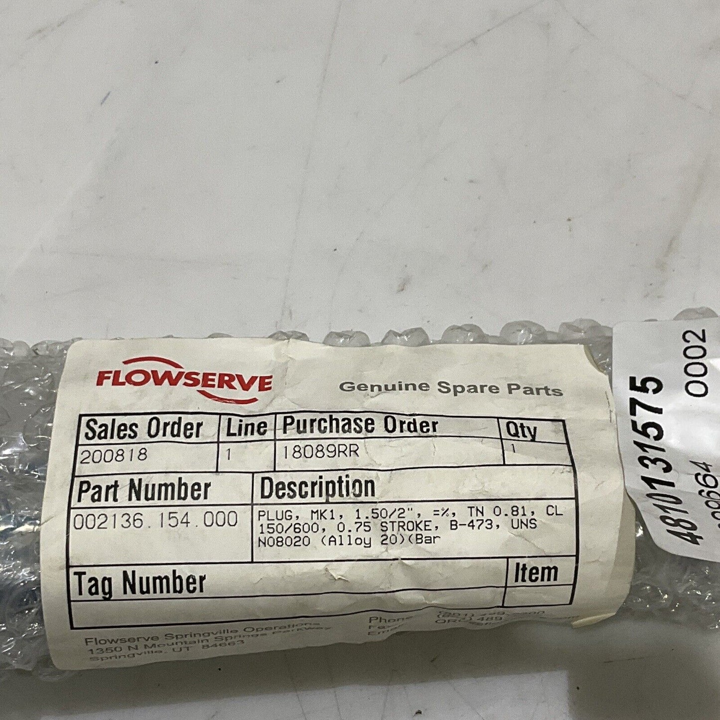 FLOWSERVE 002136.154.000 VLAVE PLUG MK1 1.50/2” CL 150/600 .75 STROKE B-473 373