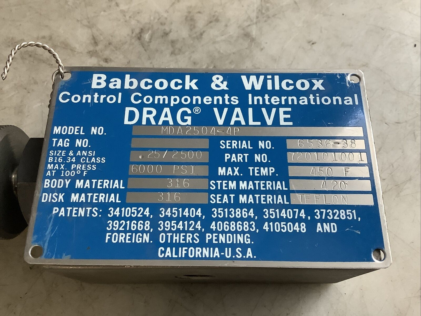 BABCOCK AND WILCOX MDA2504-4P DRAG VALVE 6000PSI 373