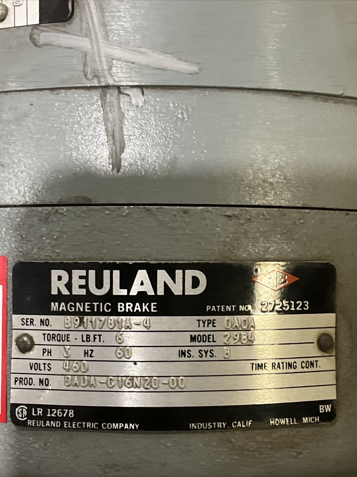 REULAND MAGNETIC BRAKE 0A0A 911781A-4 GEAR MOTOR TYPE J0RK-67 3 PH 2HP 3.3 A U3S
