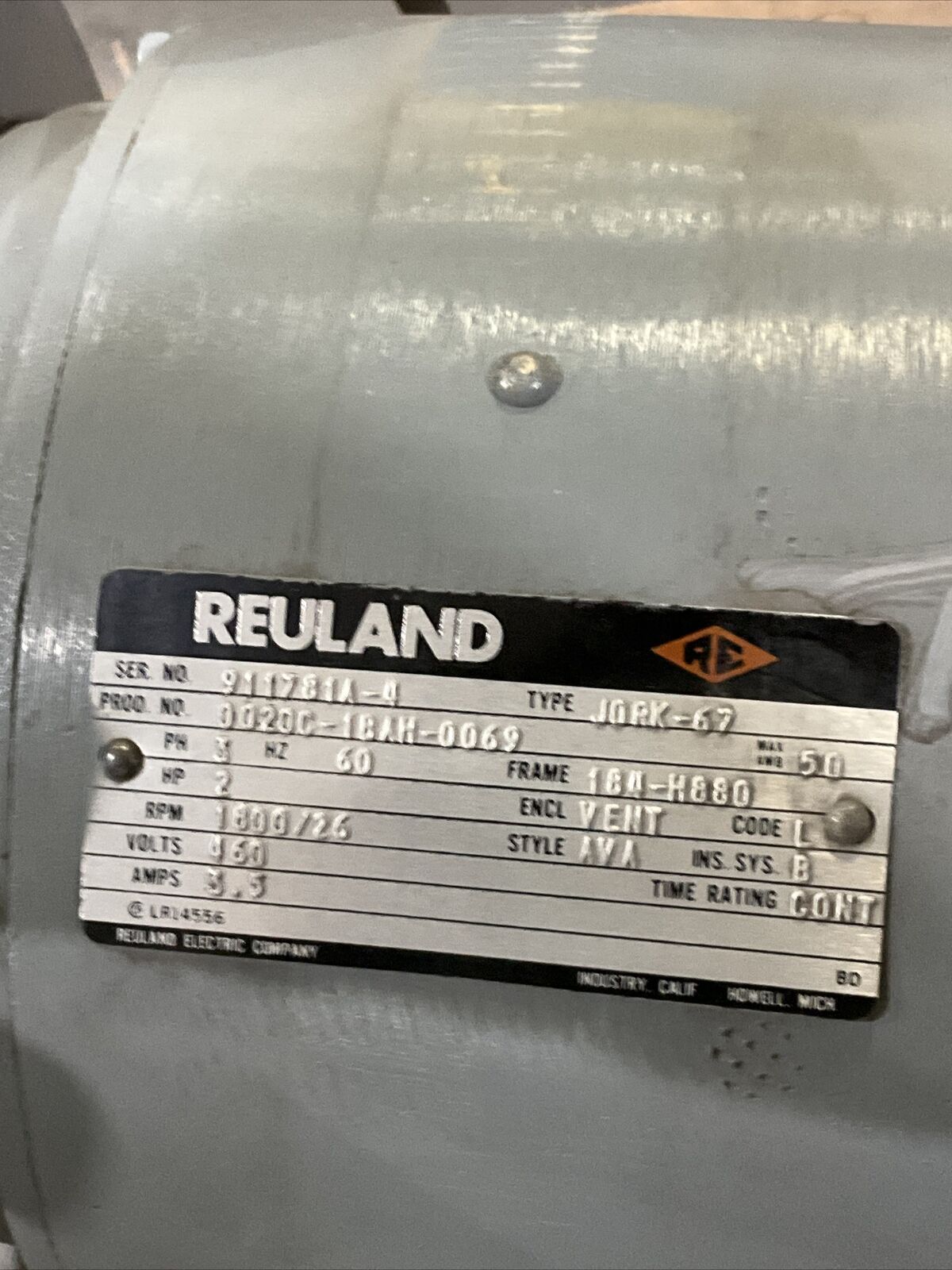 REULAND MAGNETIC BRAKE 0A0A 911781A-4 GEAR MOTOR TYPE J0RK-67 3 PH 2HP 3.3 A U3S