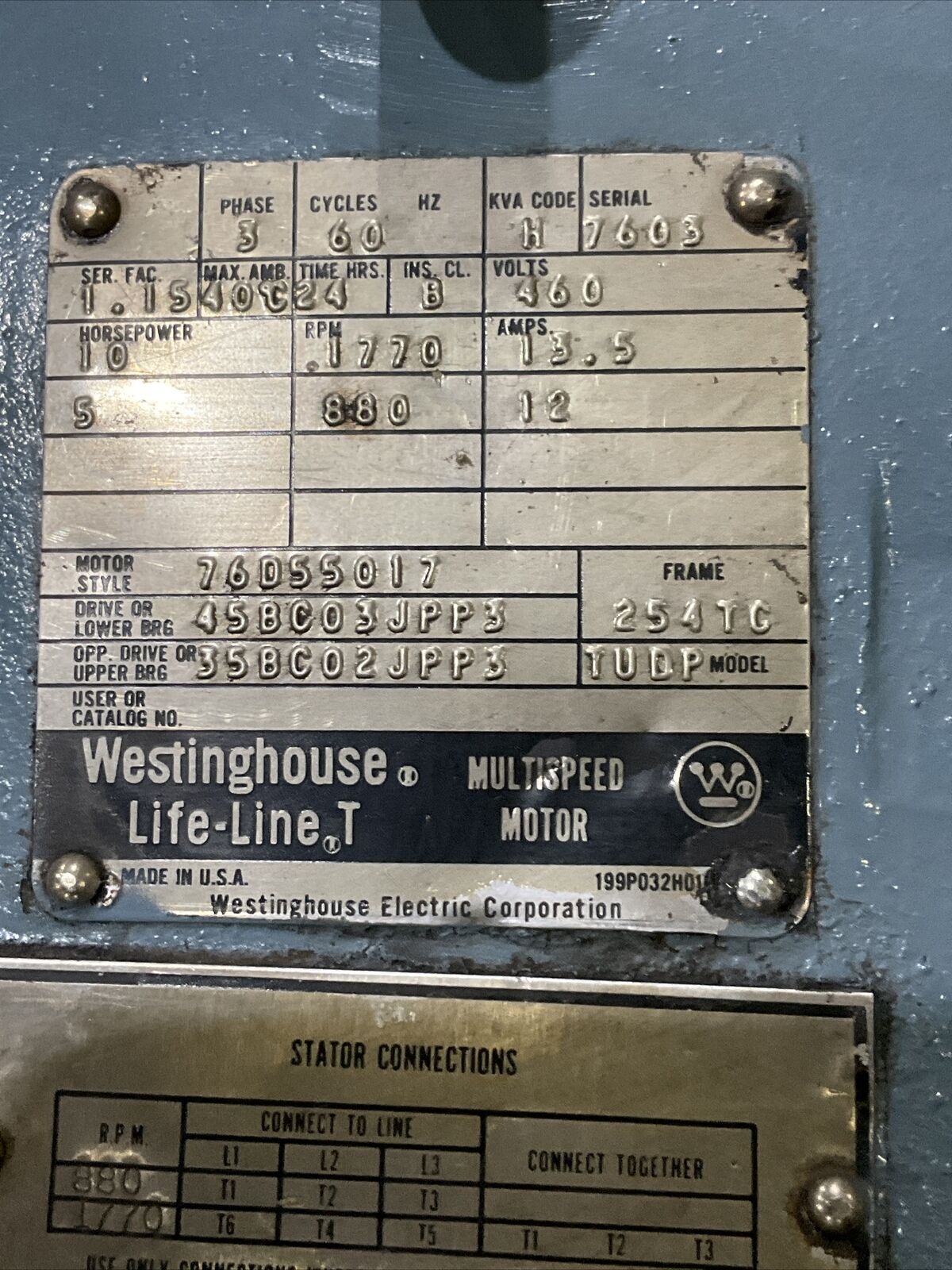WESTINGHOUSE 76D55017 LIFE LINE T MULTISPEED MOTOR 1770 RPM 3PH 60HZ 10HP U3S