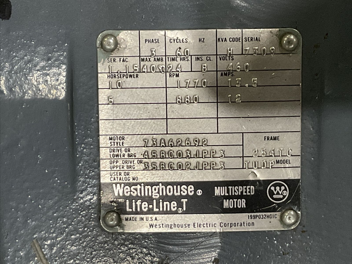 WESTINGHOUSE 254TC TUDP LIFE LINE T MULTISPEED MOTOR 3PH 1770RPM 460V U3S