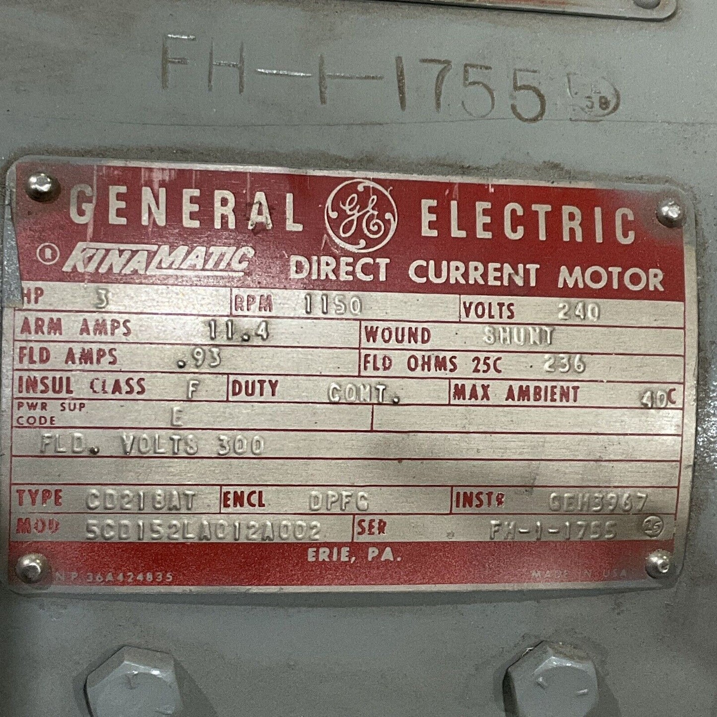 GENERAL ELECTRIC 3HP CD218AT 5CD152LA012A002 DIRECT CURRENT MOTOR 1150RPM U3S