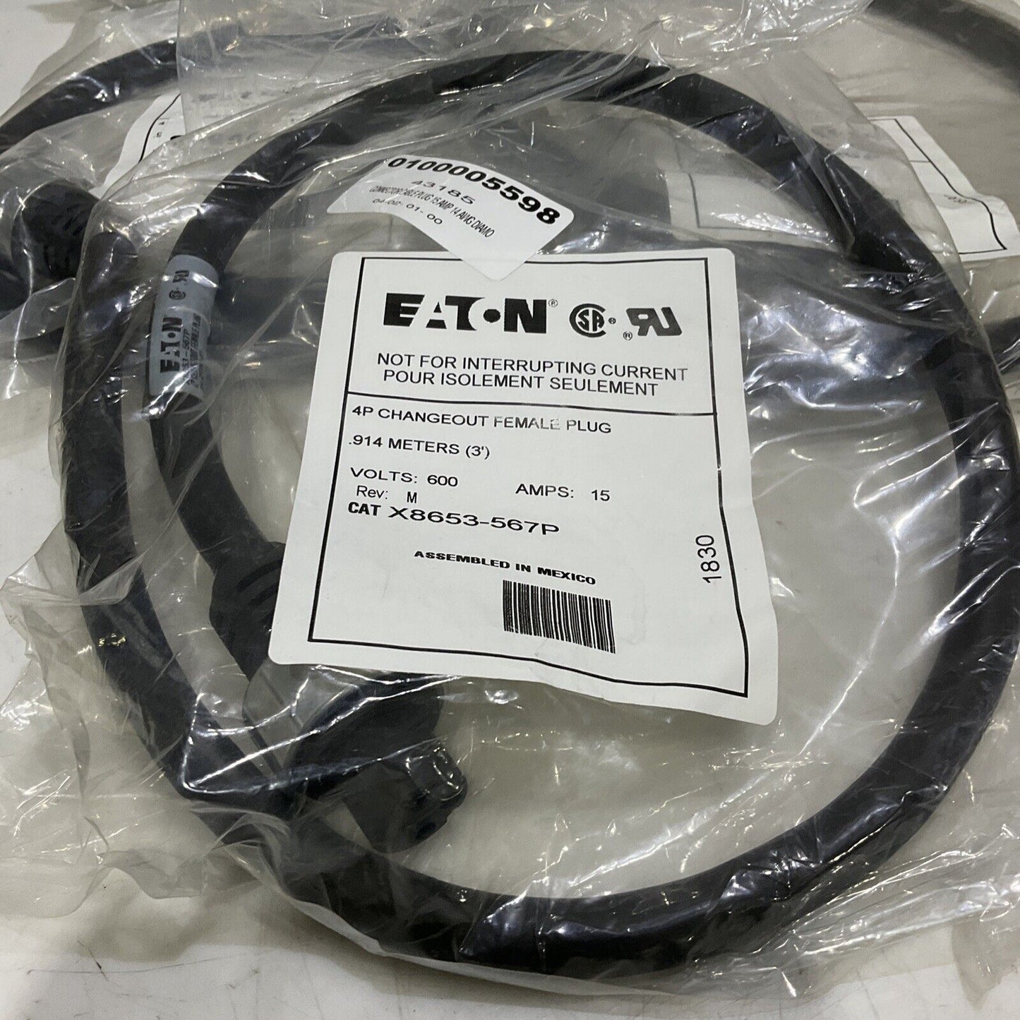 EATON X8653-567P 4P CHANGEOUT FEMALE PLUG 15AMP 600V REV M 3’ LOT OF 5 373