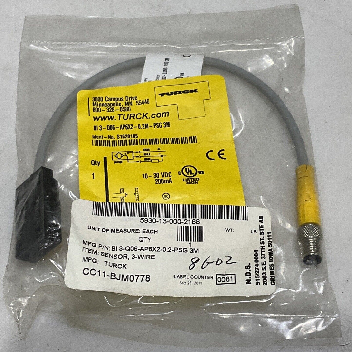 TURCK BI3-Q06-AP6X2-0.2M-PSG 3M INDUCTIVE SENSOR SWITCH 3WIRE 10-30 VDC U3S