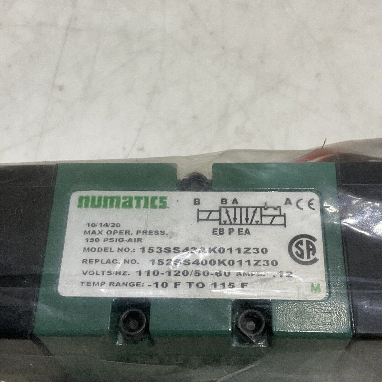 NUMATICS 153SS43AK011Z30 SOLENOID VALVE WITH BASE 3/8” 110-120V 50-60A .12 373