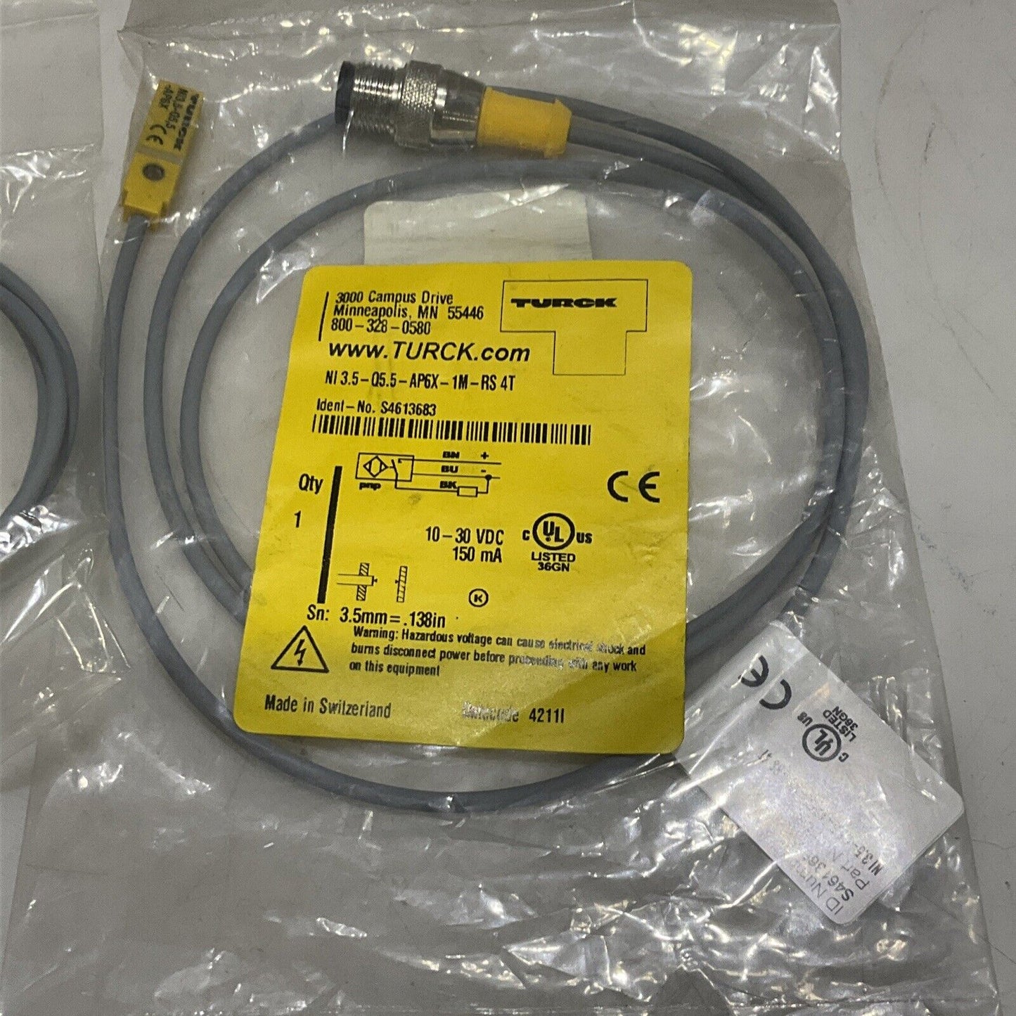 TURCK NI 3.5-Q5.5-AP6X-1M-RS 4T SENSOR CABLE ASSEMBLY LOT OF 2 U3S