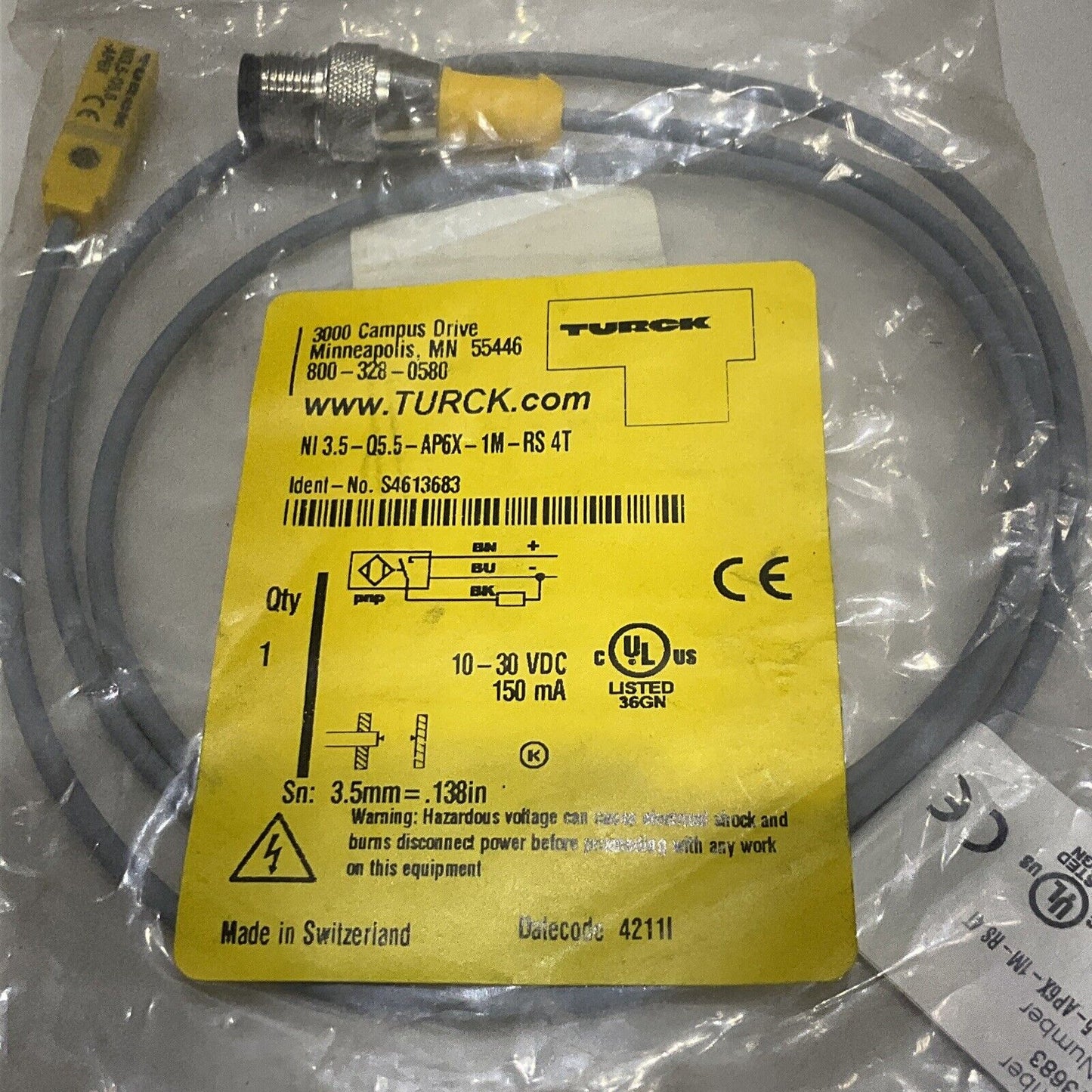 TURCK NI 3.5-Q5.5-AP6X-1M-RS 4T SENSOR CABLE ASSEMBLY LOT OF 2 U3S