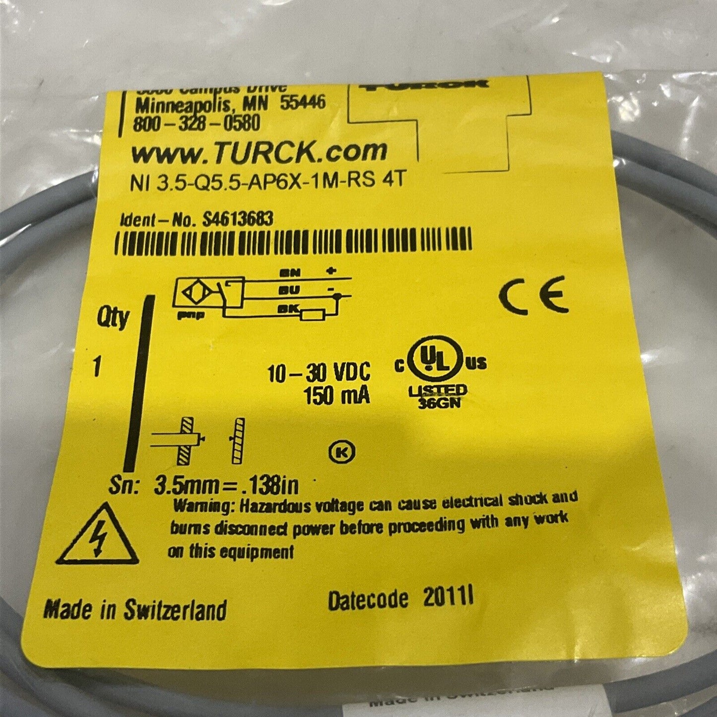 TURCK NI 3.5-Q5.5-AP6X-1M-RS 4T SENSOR CABLE ASSEMBLY LOT OF 2 U3S
