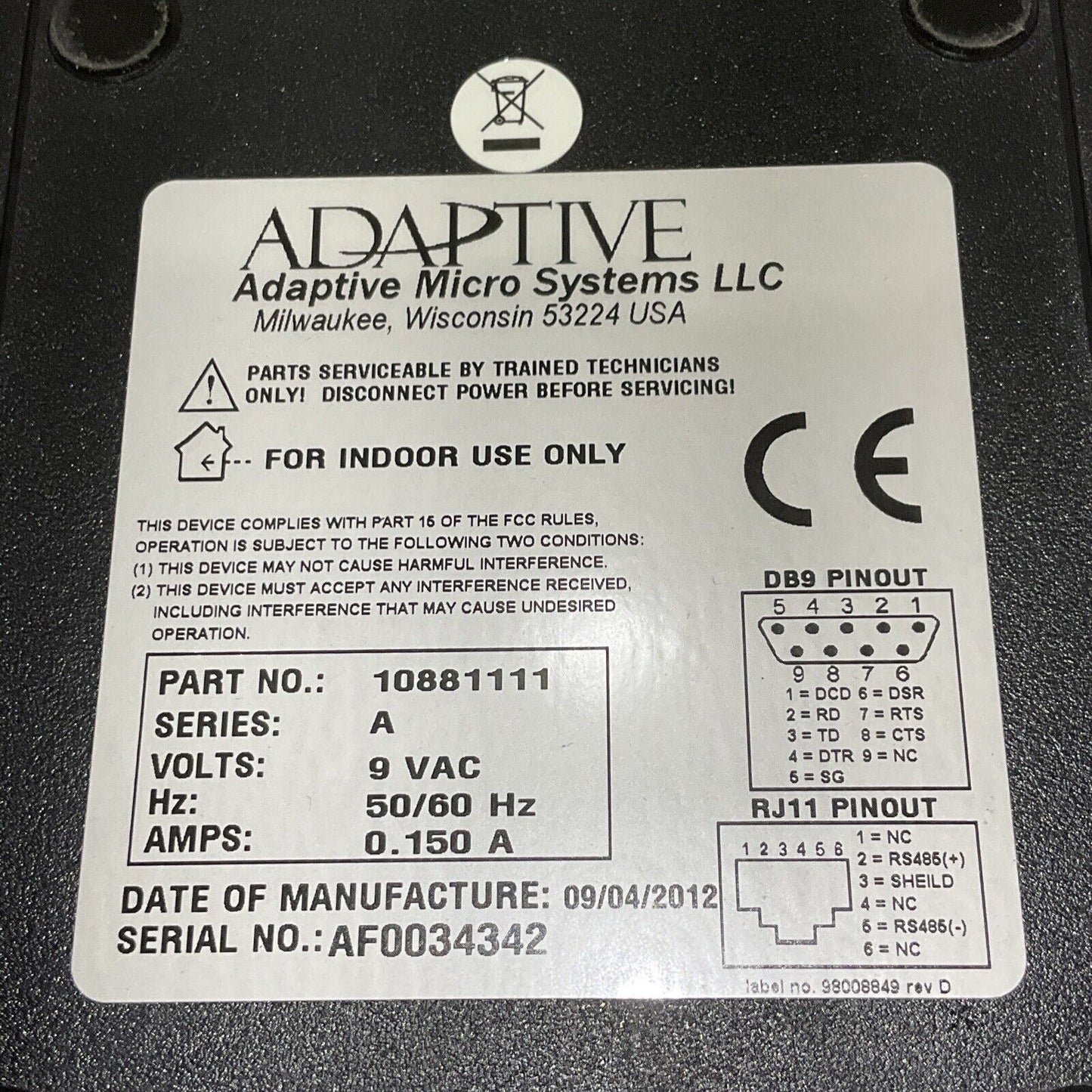 AMS RS-232/RS-485 10881111 CONVERTER 9 VAC 50/60 HZ .150A U3S
