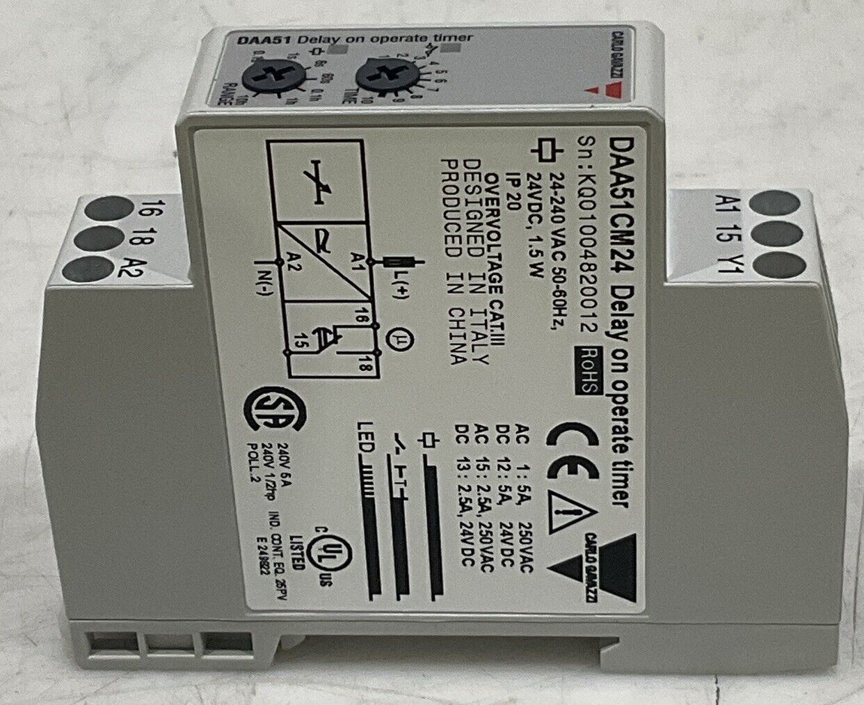 CARLO GALAZZI DAA51CM24 DELAY ON OPERATE TIMER 24-240 VDC 1.5 W 50-60 HZ U3S