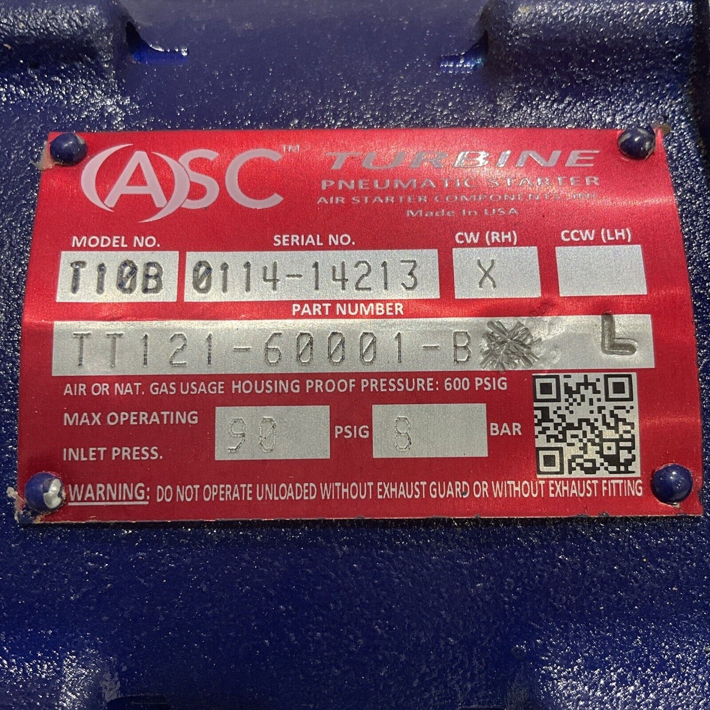 ASC T10B TT121-60001-B2L TURBINE PNEUMATIC STARTER 90 PSIG U4M