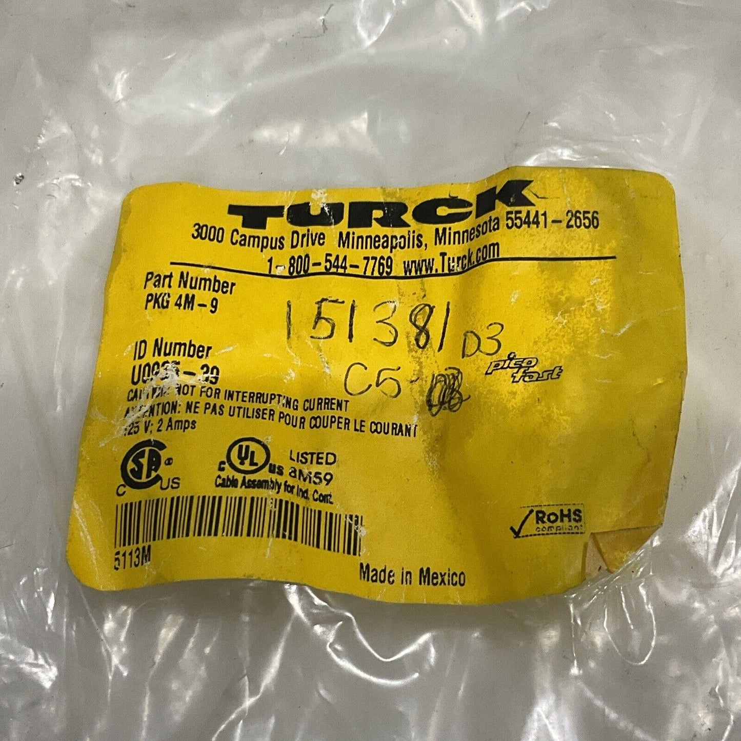 TURCK PKG-4M-9 U0935-39 CABLE ASSEMBLY LOT OF 2 U4M
