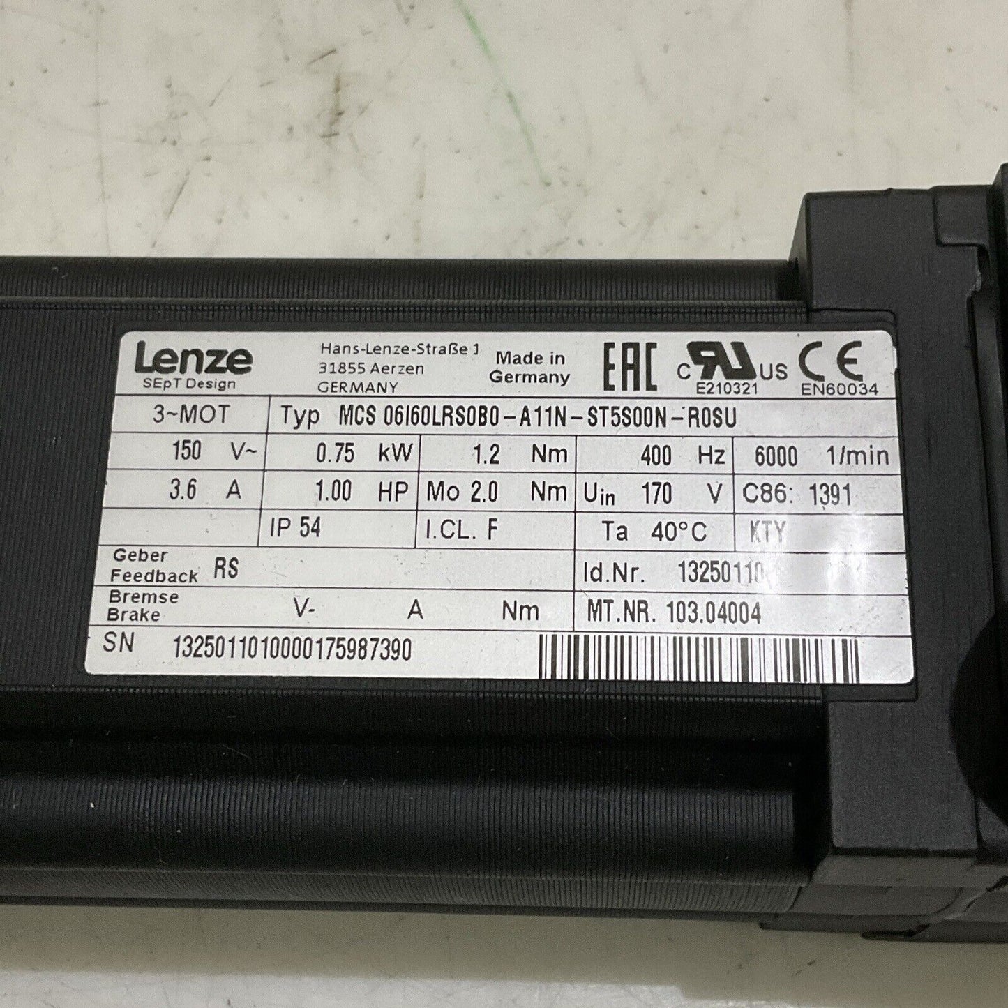 LENZE MCS 06160LRS0B0-A11N-ST5S00N-R0SU SERVO MOTOR 150/170V 1.00 HP 400HZ U3S