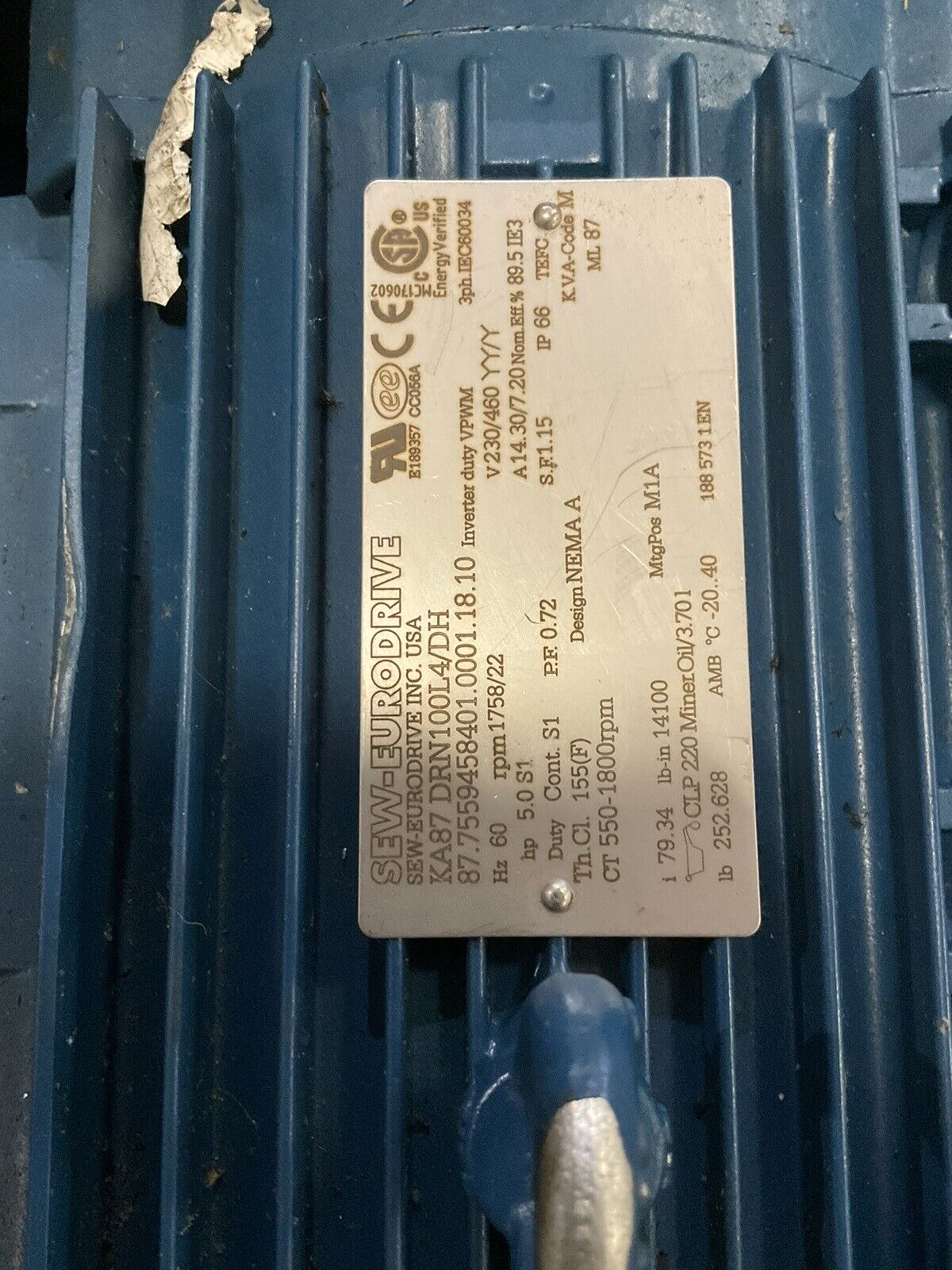 SEW-EURODRIVE KA87DRN100L4/D4 GEAR MOTOR 60 HZ 1758/22 RPM 230/490V U4M