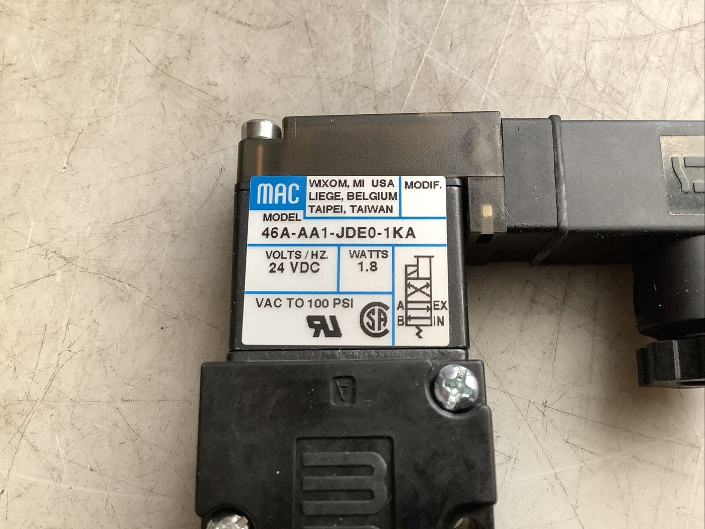 MAC 46A-AA1-JDE0-1KA PNEUMATIC SOLENOID VALVE 24 VDC 1.8 W U3S