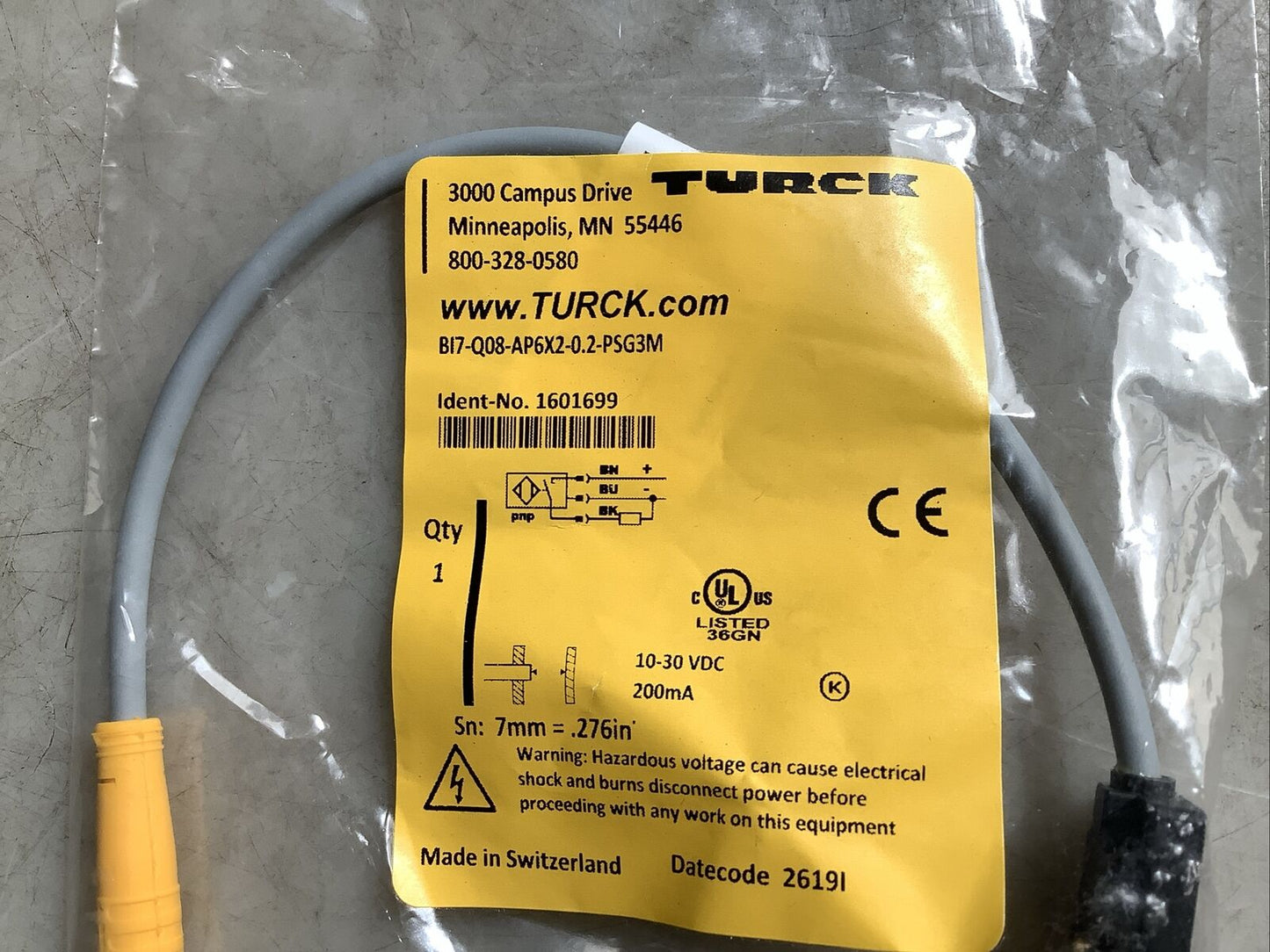 TURCK BI7-Q08-AP6X2-0.2M-PSG3M 7MM 3 WIRE PNP PROXIMITY SENSOR U3S