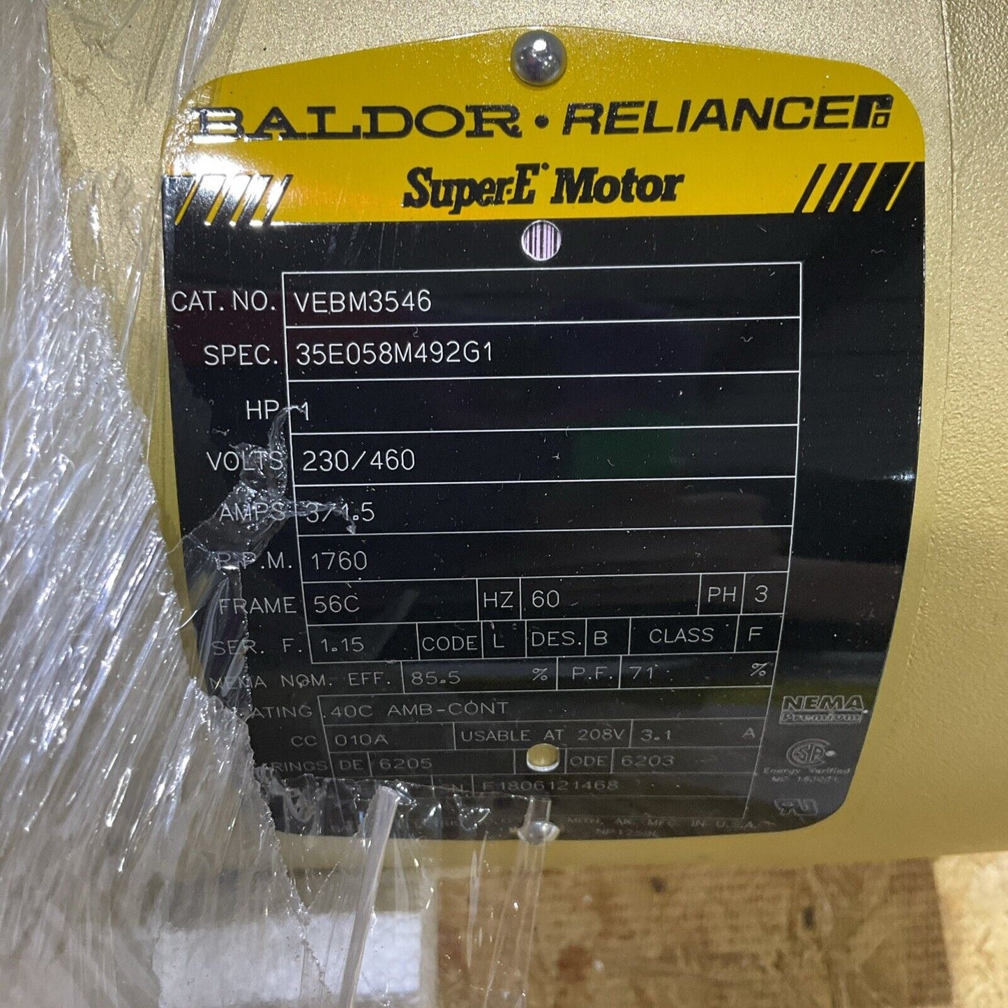 BALDOR RELIANCE VEBM3546 SUPER E BRAKE MOTOR 1HP 230/460 3/1.5 A 1760 RPM U3S