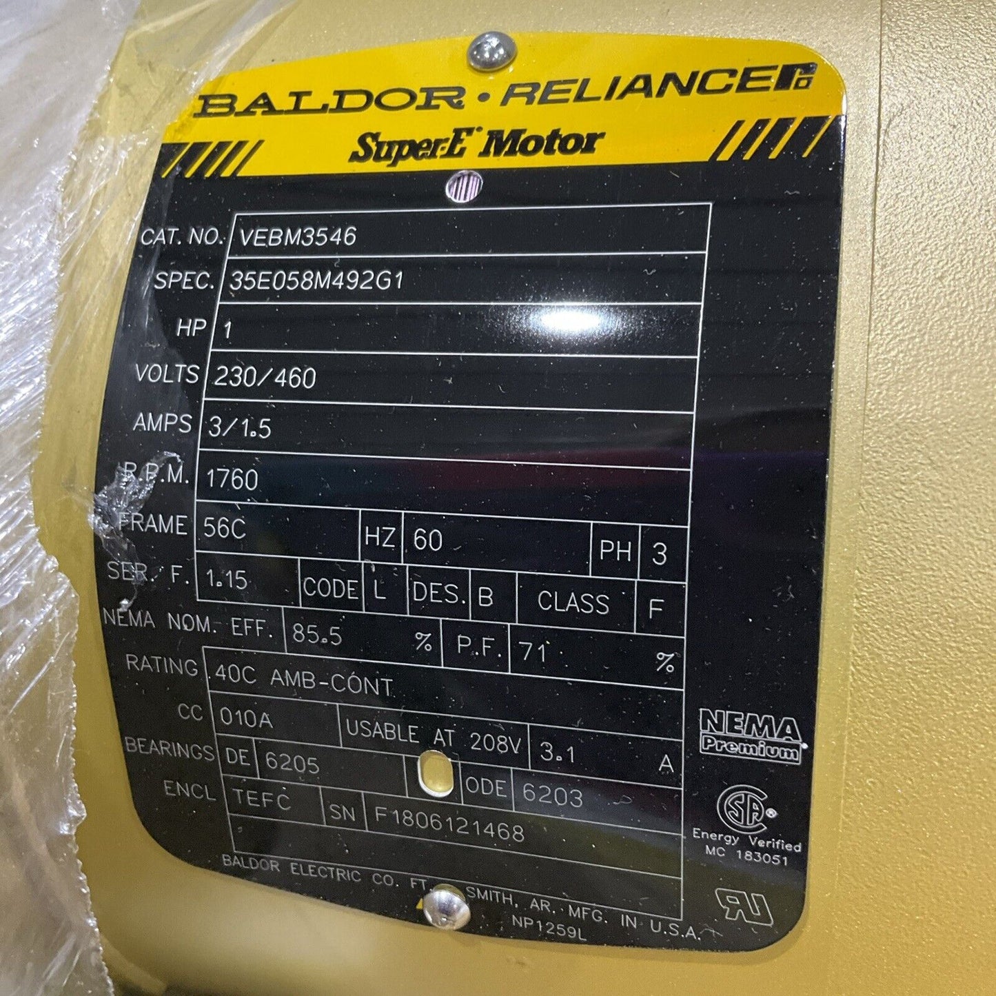 BALDOR RELIANCE VEBM3546 SUPER E BRAKE MOTOR 1HP 230/460 3/1.5 A 1760 RPM U3S