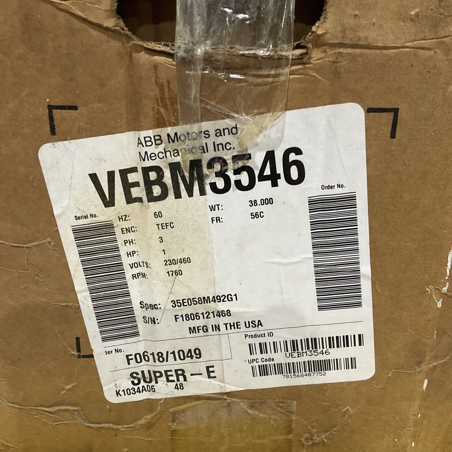 BALDOR RELIANCE VEBM3546 SUPER E BRAKE MOTOR 1HP 230/460 3/1.5 A 1760 RPM U3S