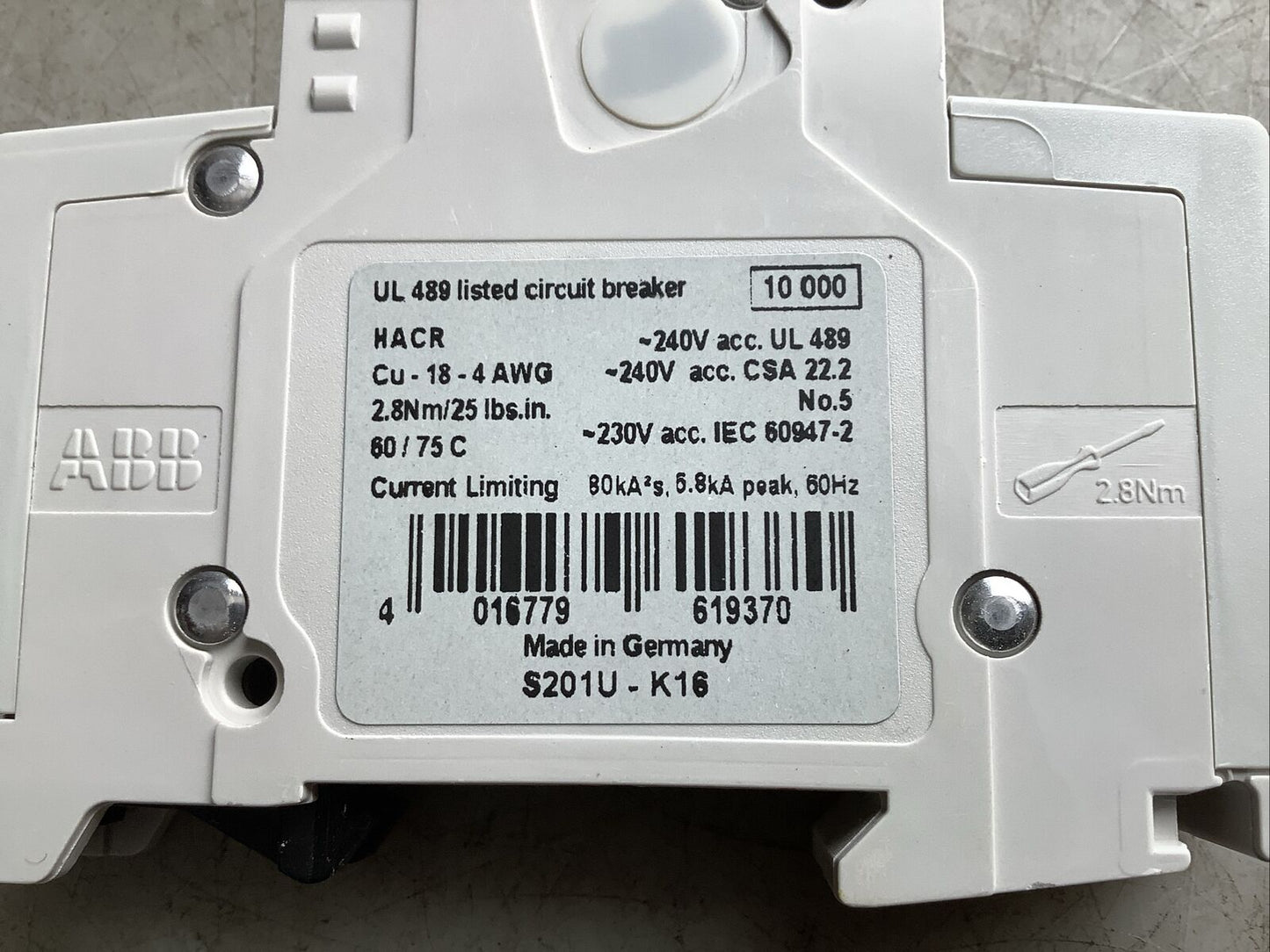ABB S201U-K16 CIRCUIT BREAKER 16A U3S - LOT OF 2