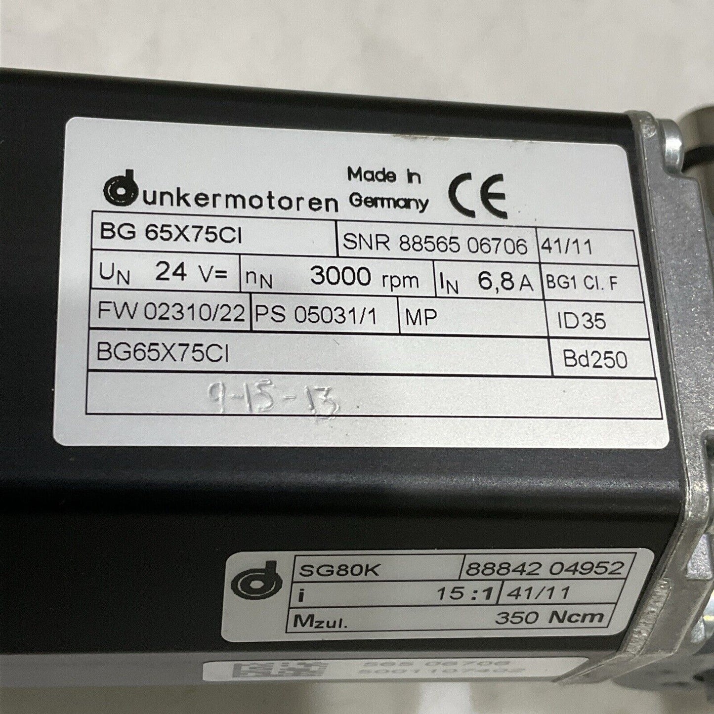 DUNKERMOTOREN BG 65X75CI SNR SERVOMOTOR 24V 3000RPM FW02310/22 U3S